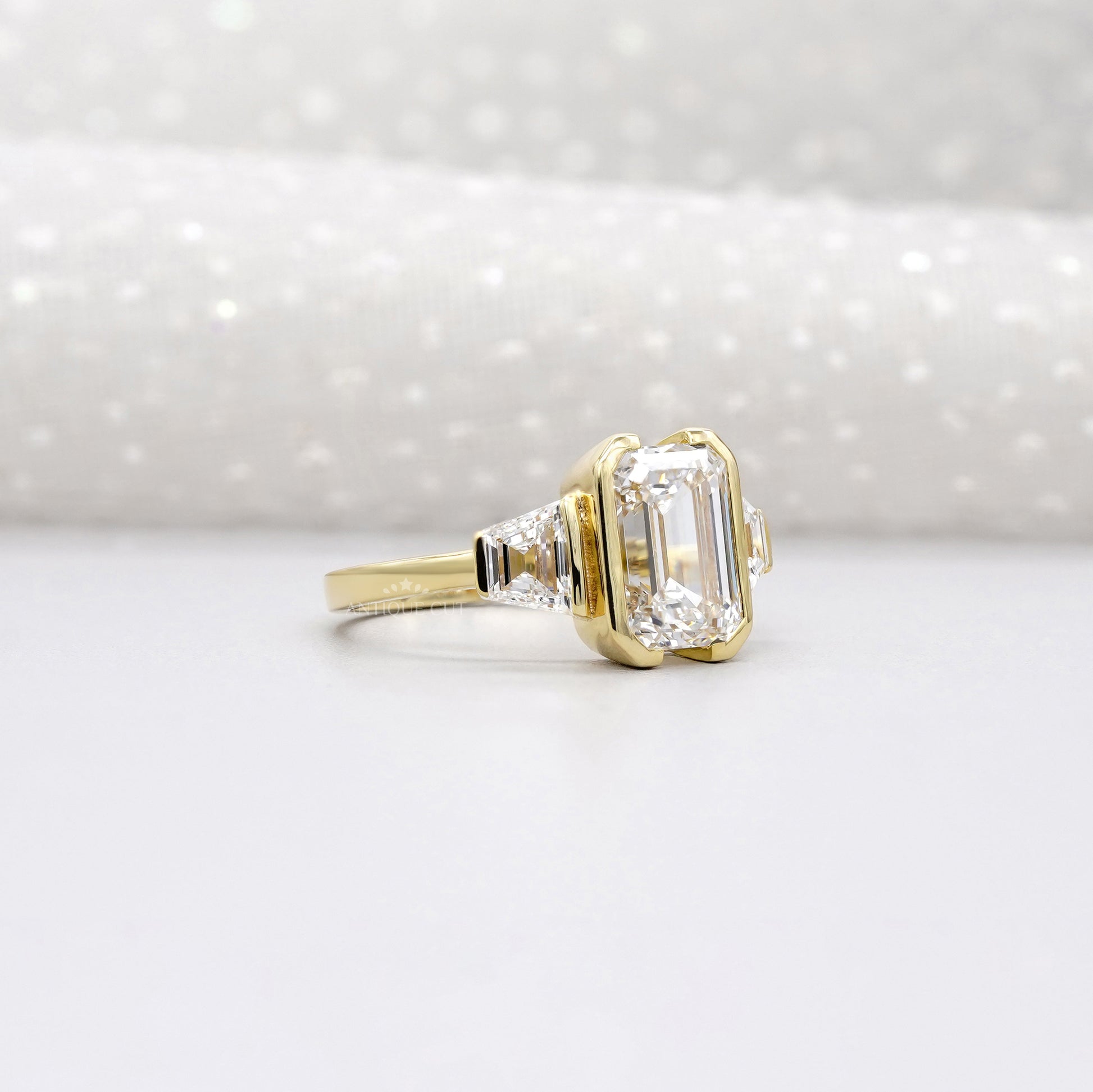 3.70tcw Emerald Lab-Grown Diamond Engagement Ring | 3.00ct Emerald + 0.70ct Trapezoid Side Stones | 14k Gold IGI Certified