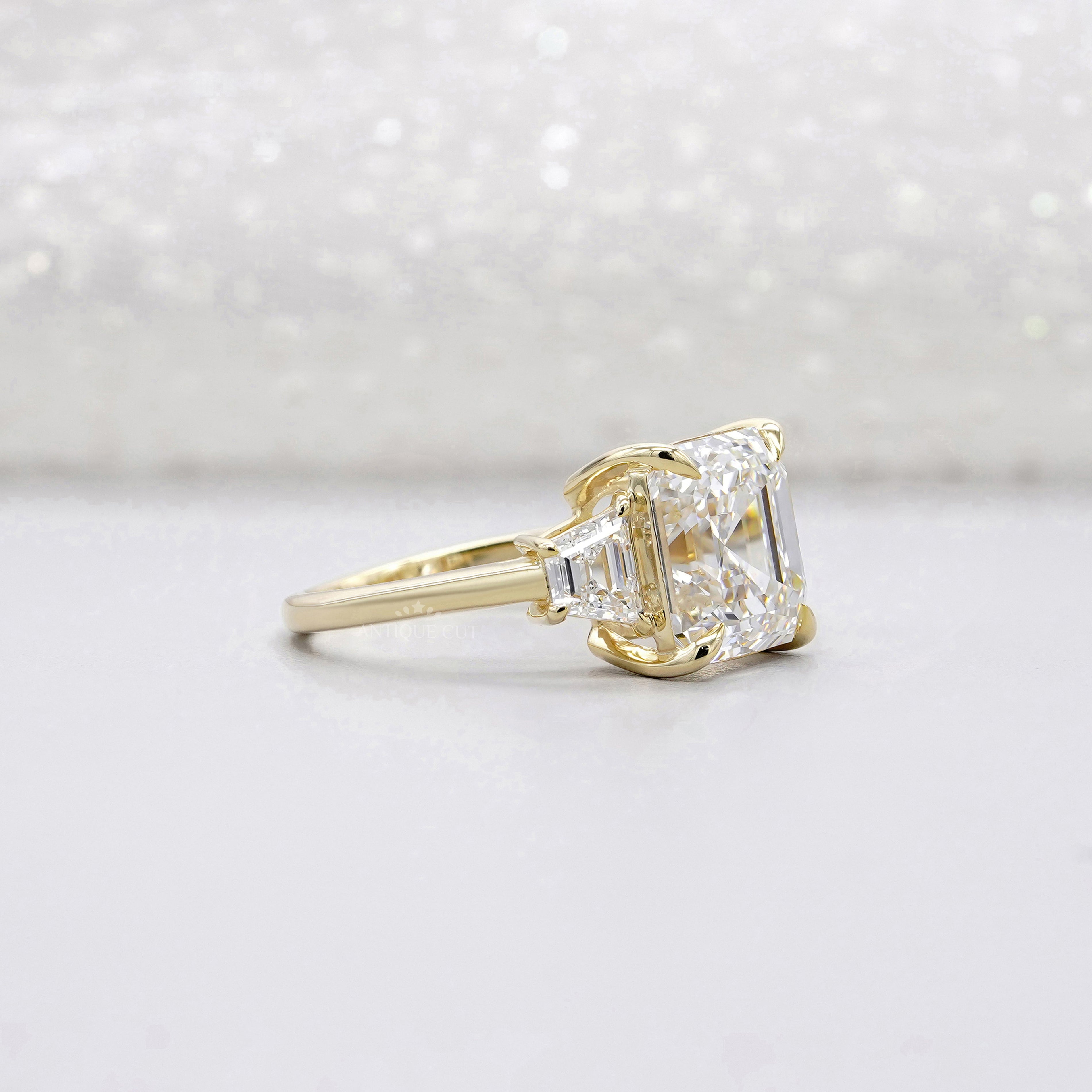 6.60tcw Asscher Lab Grown Diamond Engagement Ring | 6ct Center & Trapezoid Side Stones | 14k Gold