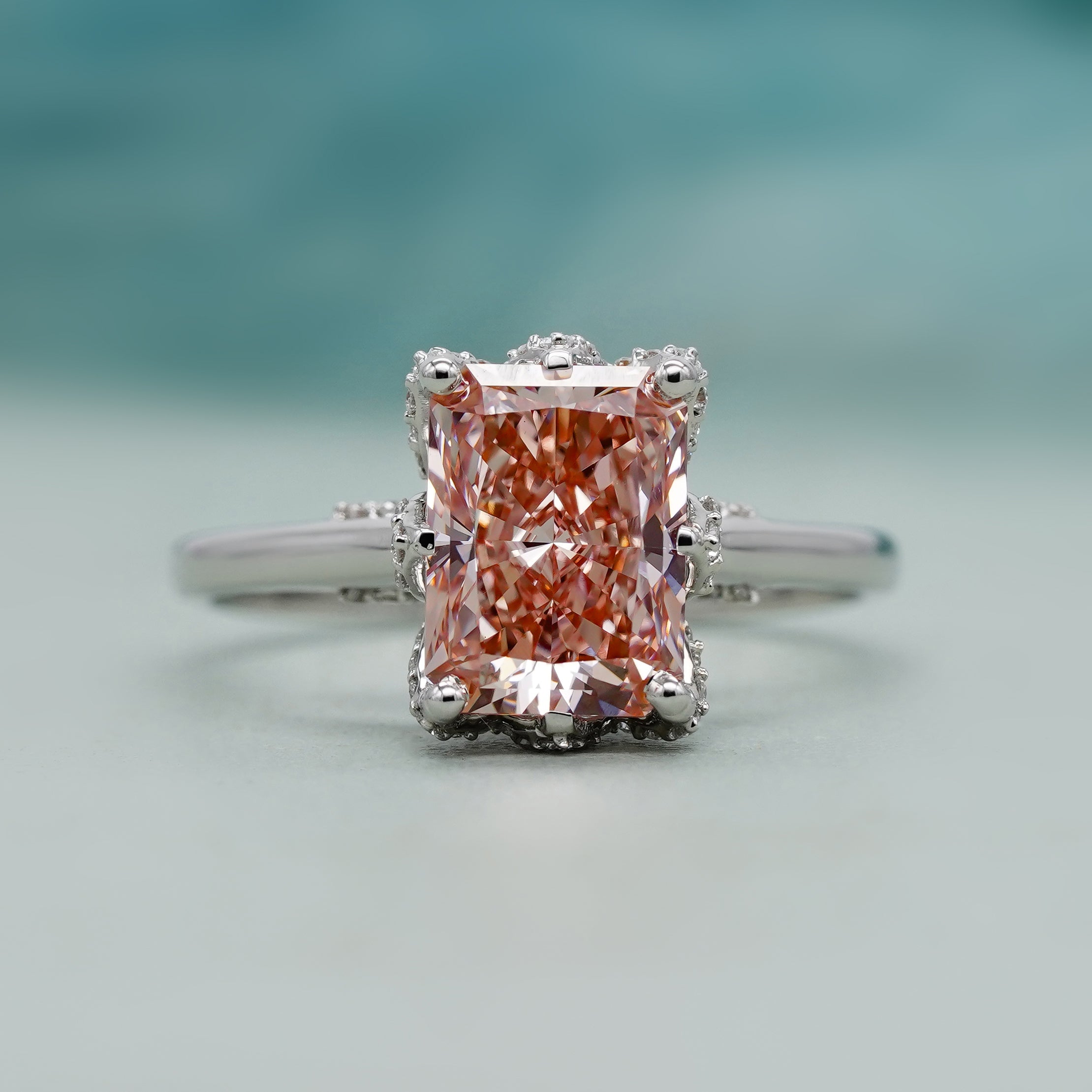 Fancy Pink 3.40ct Radiant Lab Diamond Ring | Cathedral Solitaire Setting | IGI Certified | VVS-VS Clarity | Engagement Jewelry