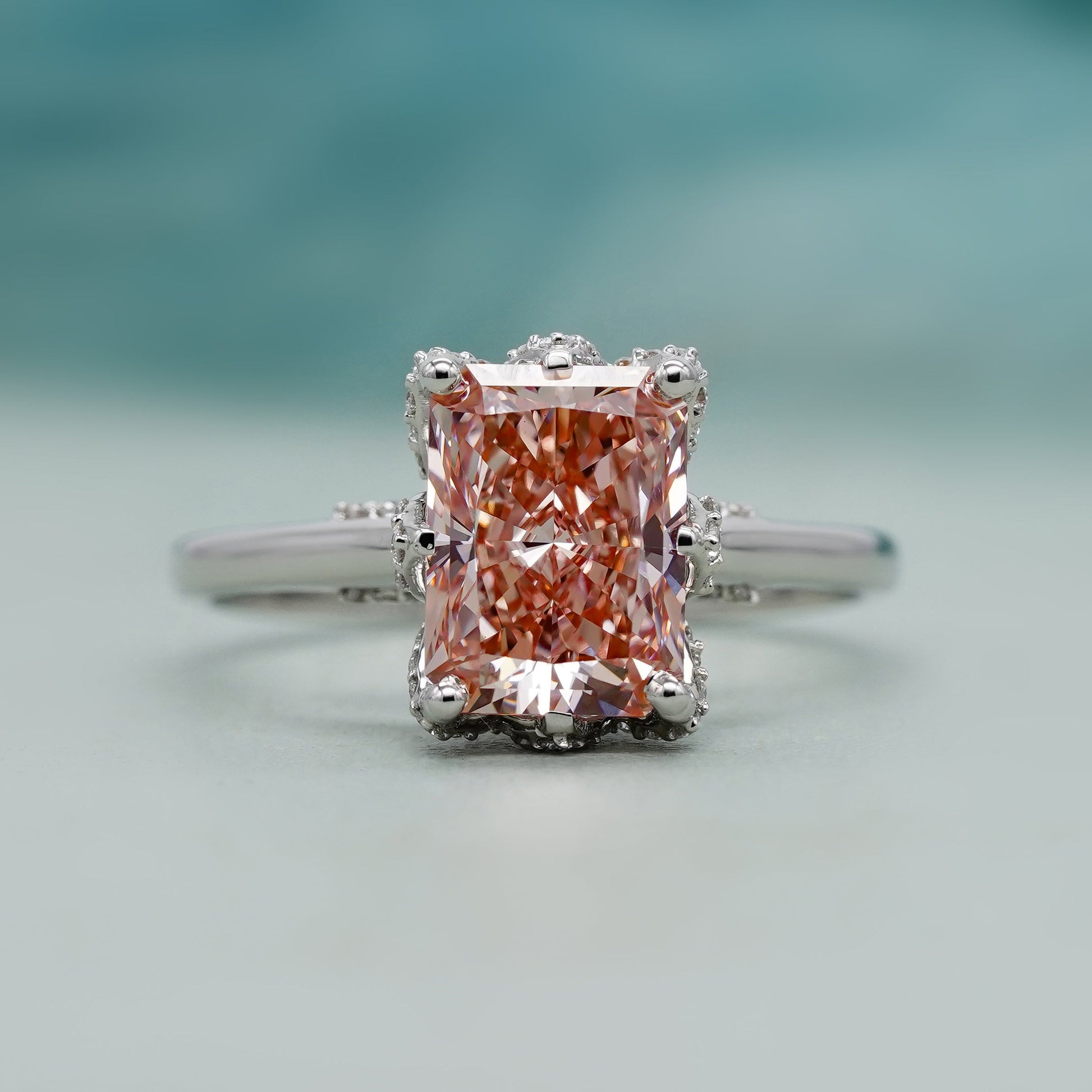Fancy Pink 3.40ct Radiant Lab Diamond Ring | Cathedral Solitaire Setting | IGI Certified | VVS-VS Clarity | Engagement Jewelry