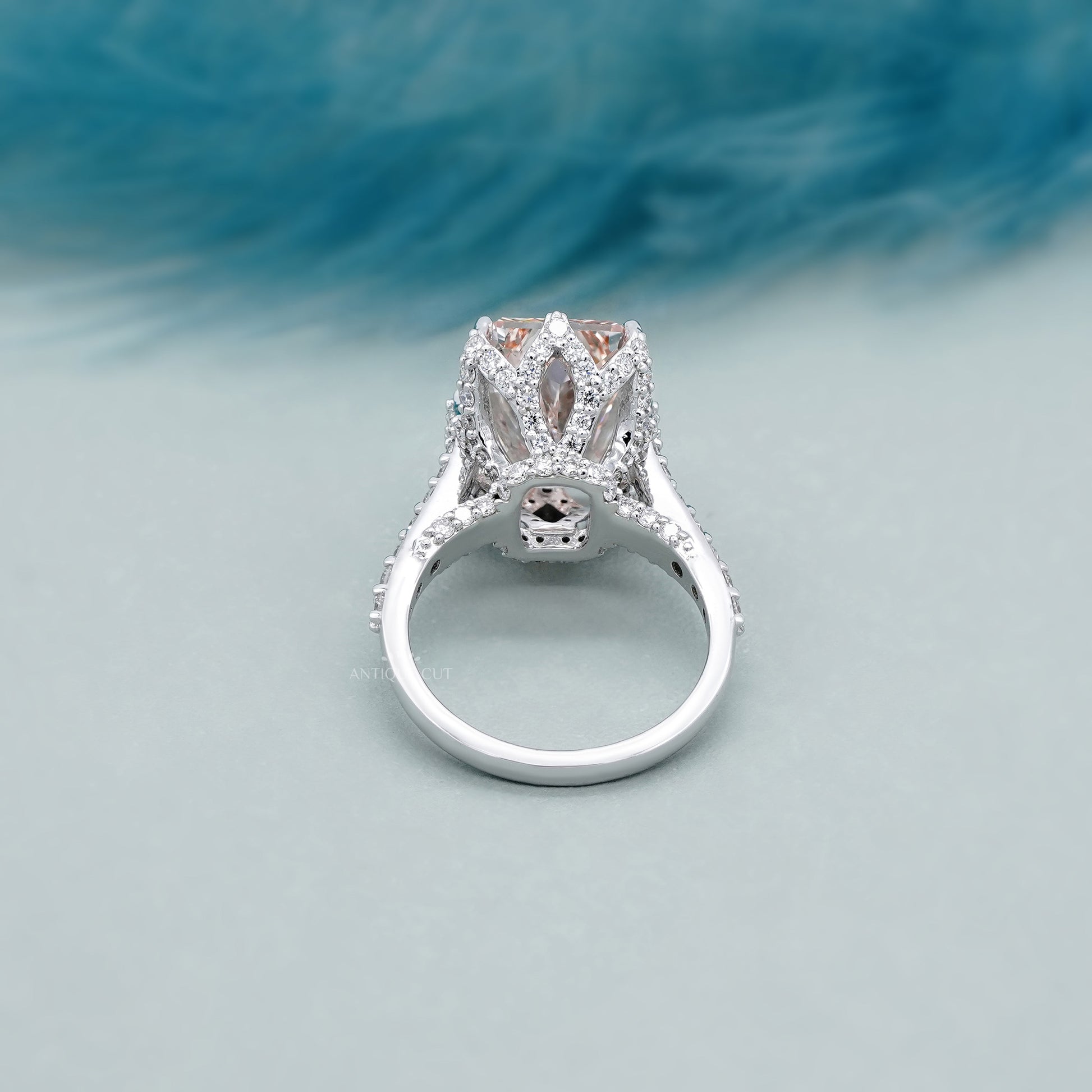 Fancy Pink Radiant 6.50tcw Lab Diamond Engagement Ring | IGI Certified | White Gold Pave Setting