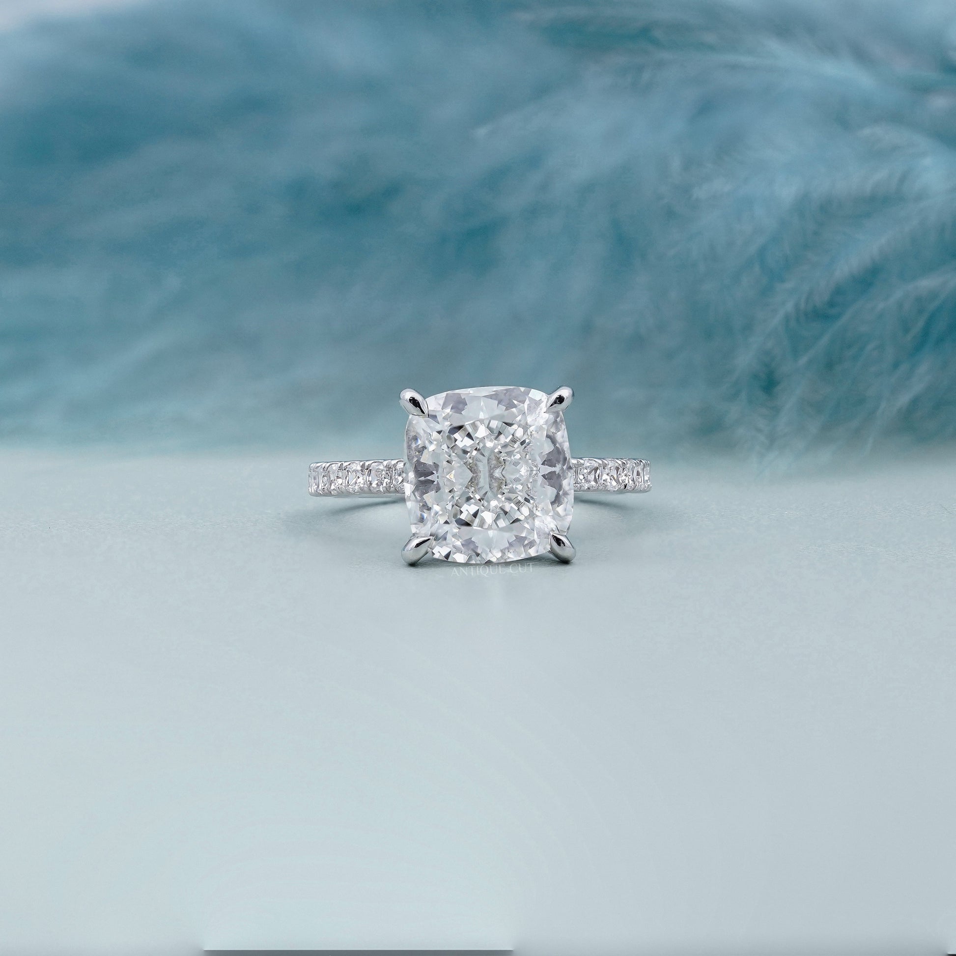 Cushion Cut 4.50tcw Lab Grown Diamond Engagement Ring | Hidden Halo Pavé Band | IGI Certified