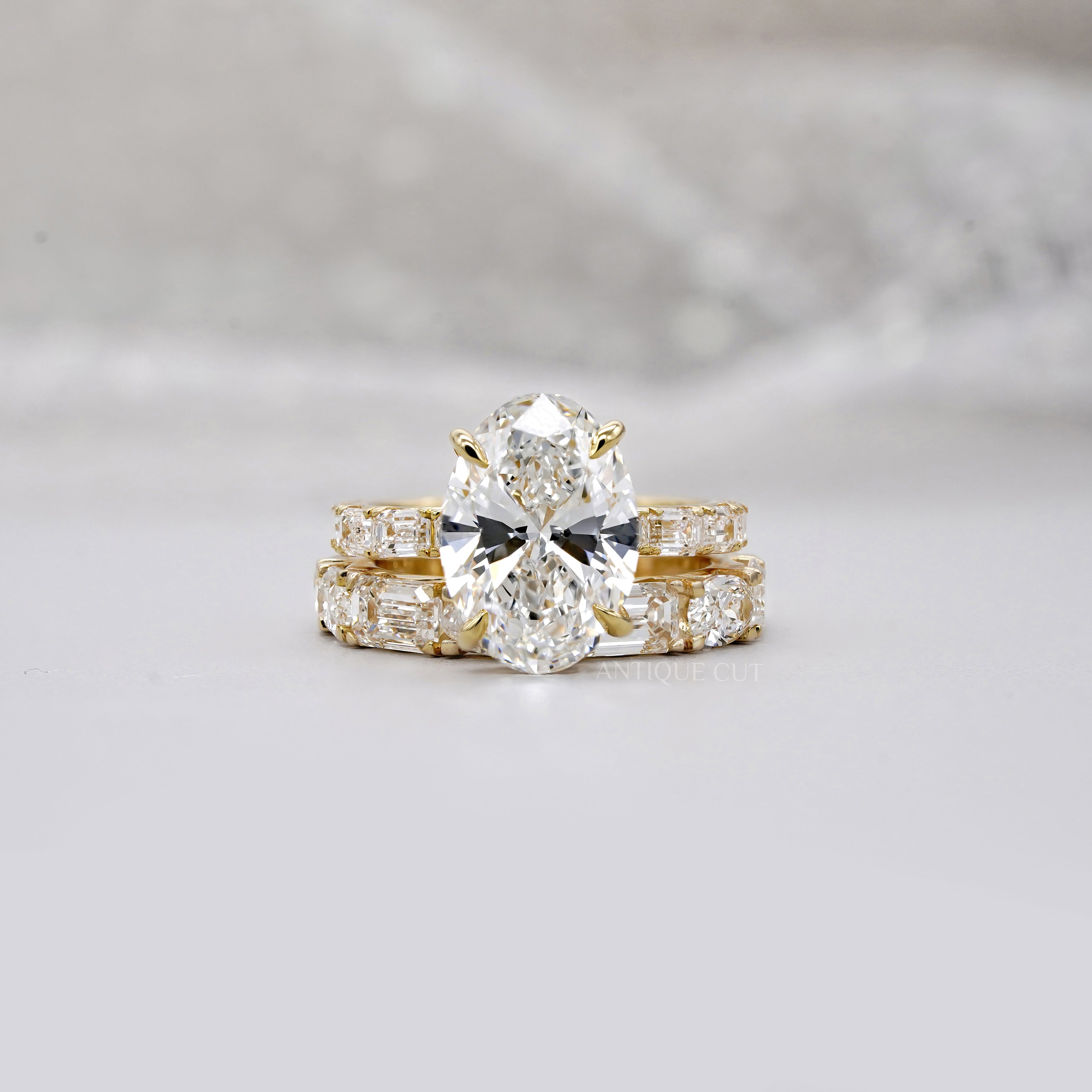 Oval 6.30tcw Lab Diamond Wedding Set | IGI Certified | Yellow Gold | Elegant 3-Stone + Matching Band