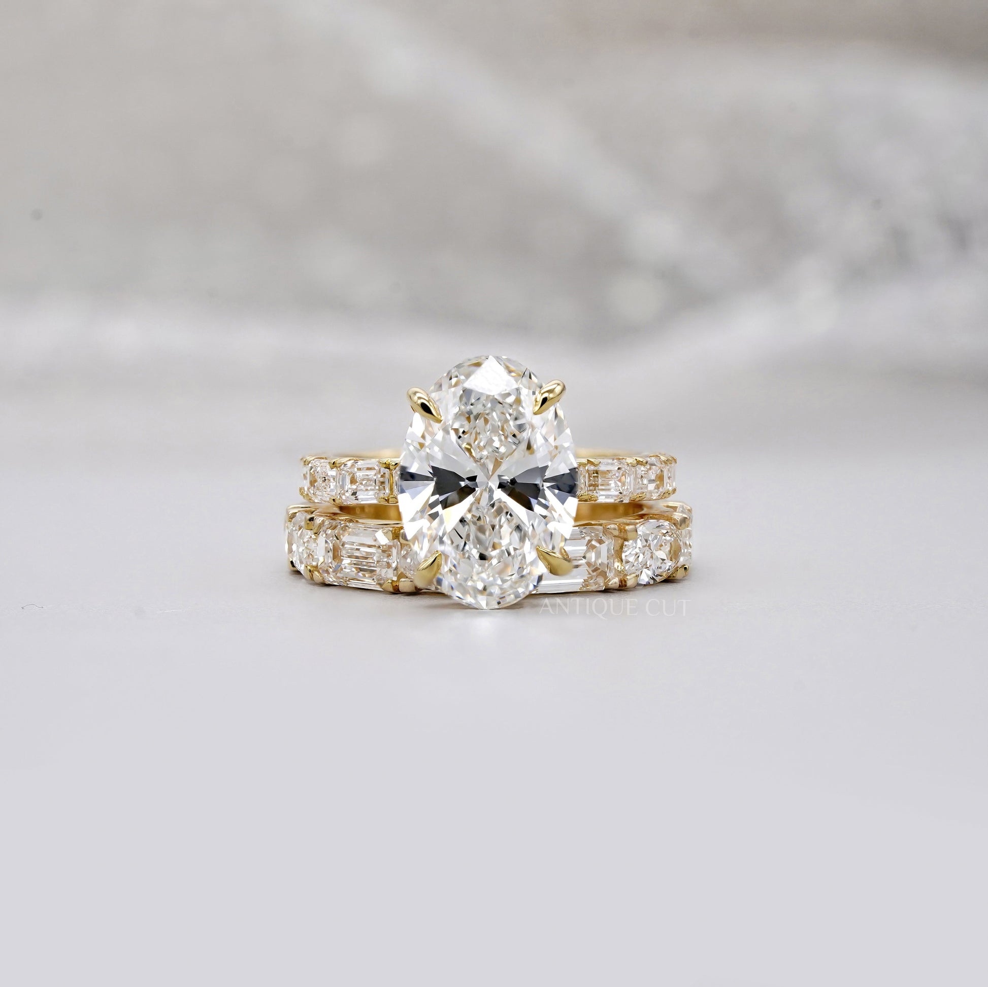 Oval 6.30tcw Lab Diamond Wedding Set | IGI Certified | Yellow Gold | Elegant 3-Stone + Matching Band