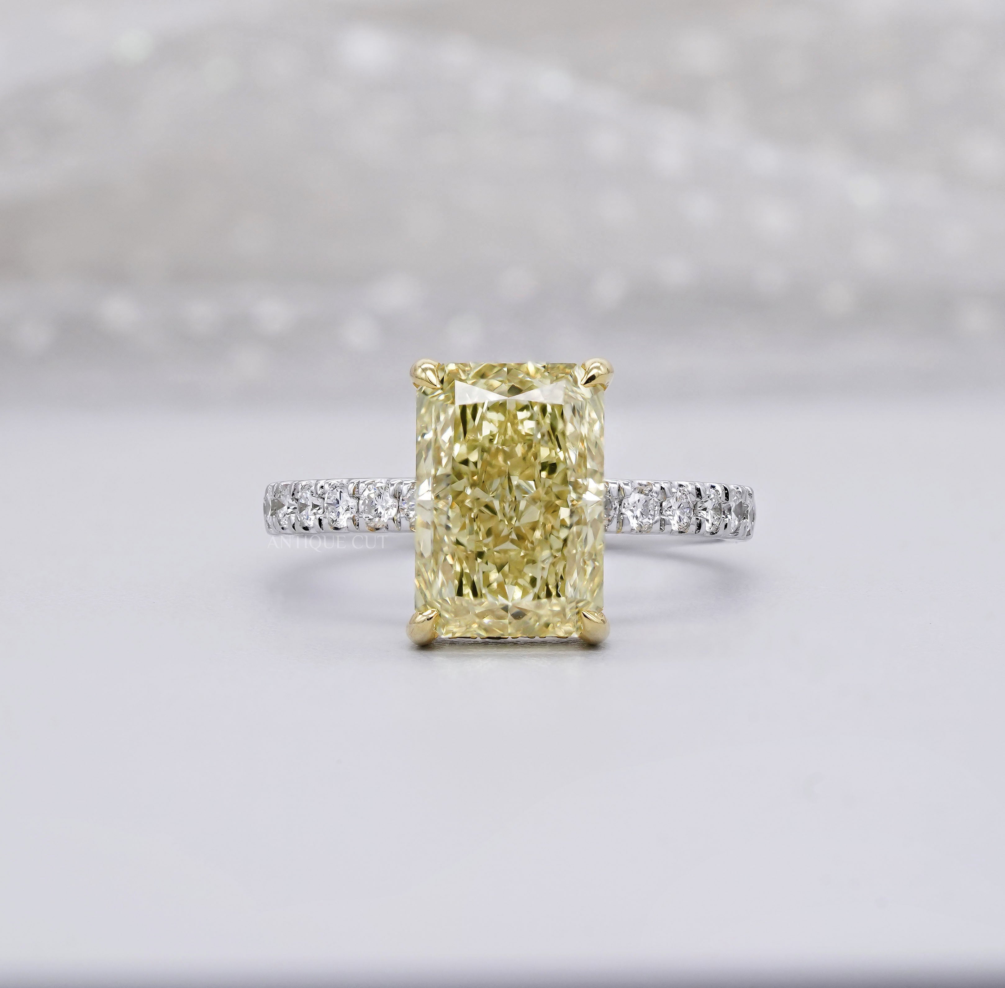 4.40ct Radiant Fancy Yellow Lab Diamond Ring with Hidden Halo & Two Tone Pavé Band