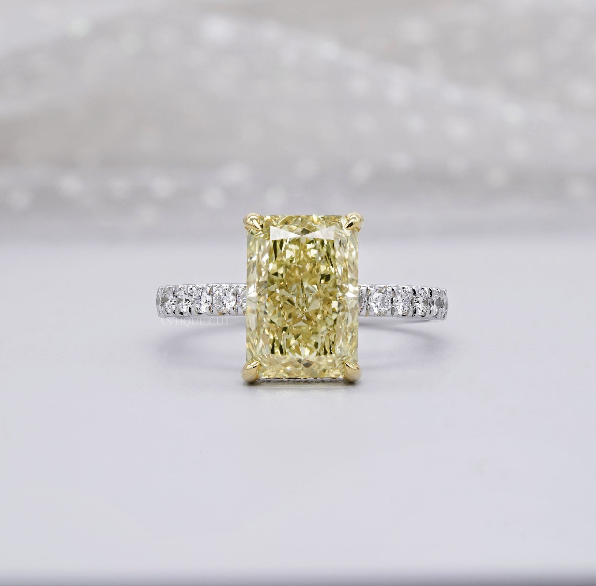 4.40ct Radiant Fancy Yellow Lab Diamond Ring with Hidden Halo & Two Tone Pavé Band
