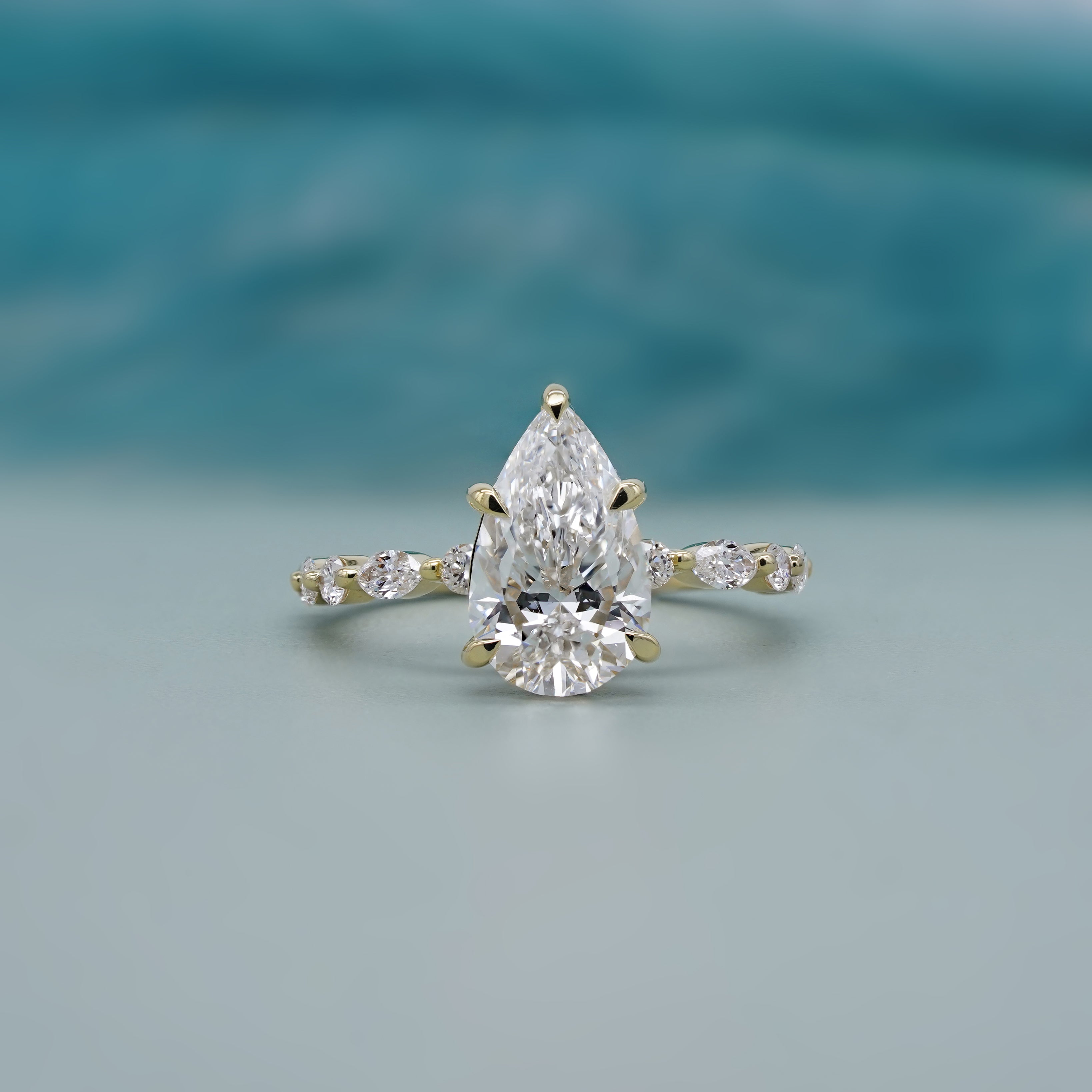 Pear Lab Created Diamond Ring 4.85tcw | Accent Engagement Ring with Marquise and Round Band | IGI Certificate