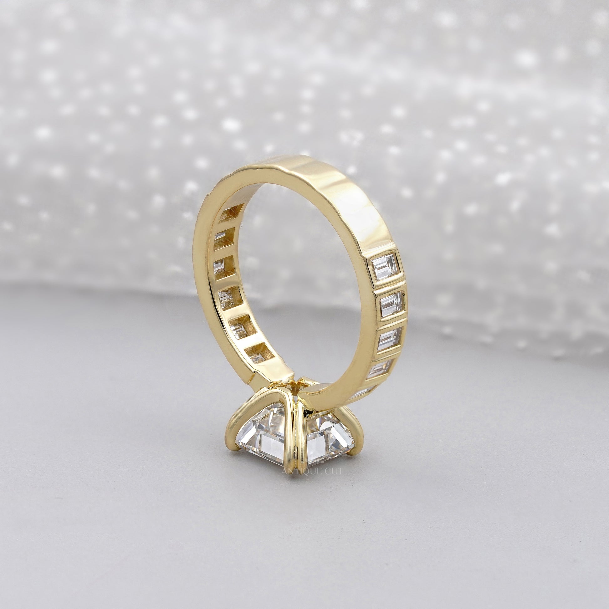 Asscher Cut 5.50tcw Lab Grown Diamond Engagement Ring | Yellow Gold Channel Set | IGI Certified