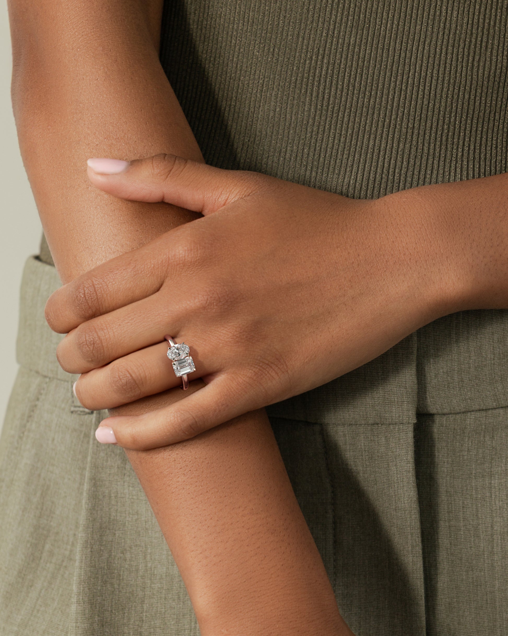 Rose :: IGI certified oval emerald lab grown diamond engagement ring rose gold modern design