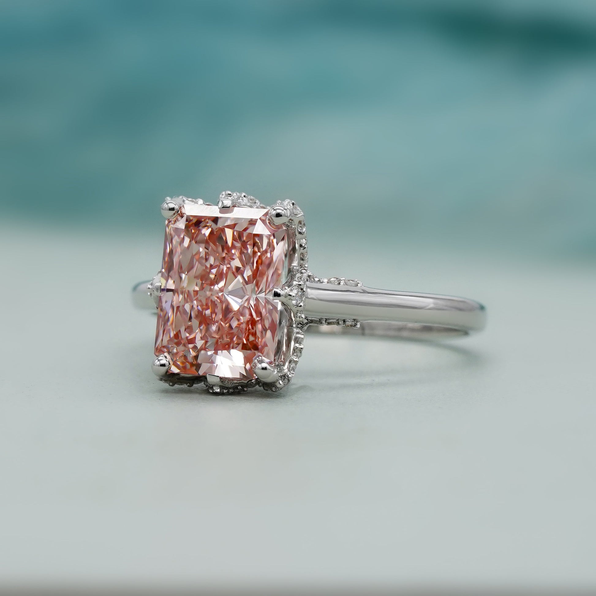 Fancy Pink 3.40ct Radiant Lab Diamond Ring | Cathedral Solitaire Setting | IGI Certified | VVS-VS Clarity | Engagement Jewelry