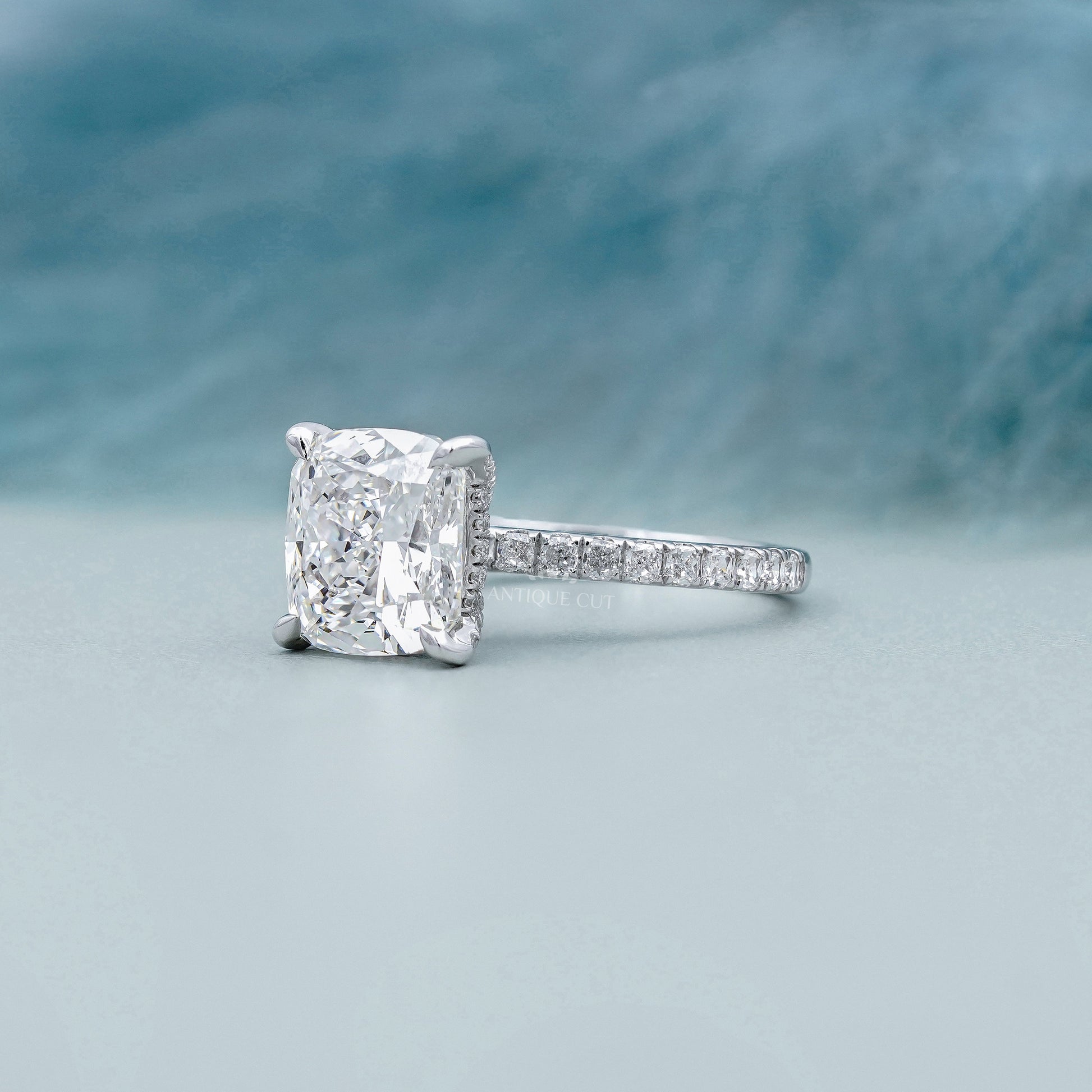 Cushion Cut 4.50tcw Lab Grown Diamond Engagement Ring | Hidden Halo Pavé Band | IGI Certified