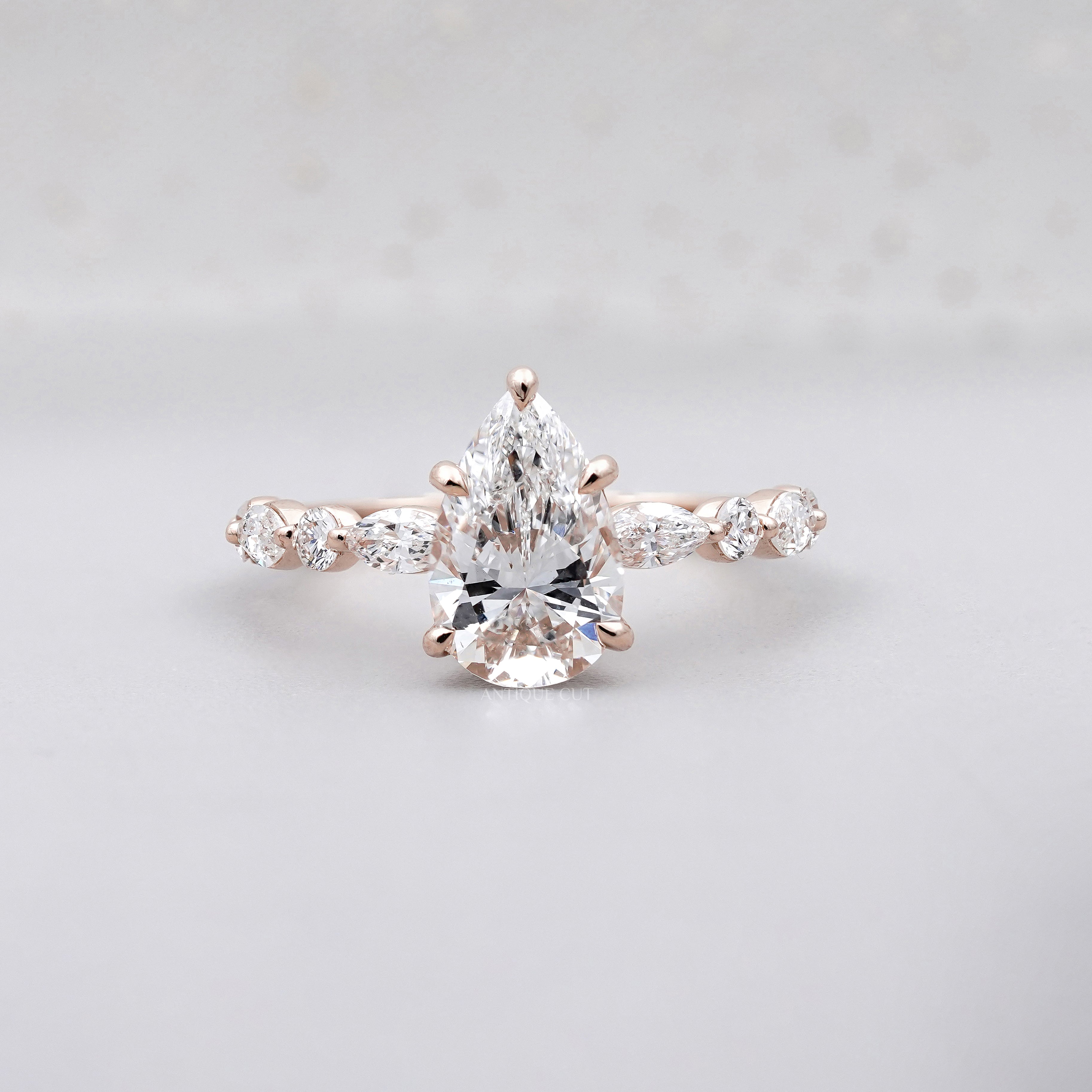 Pear 3.34tcw Lab Grown Diamond Vintage Engagement Ring | Marquise Side Stone Band | D–F Color | VVS–VS Clarity | IGI Certified