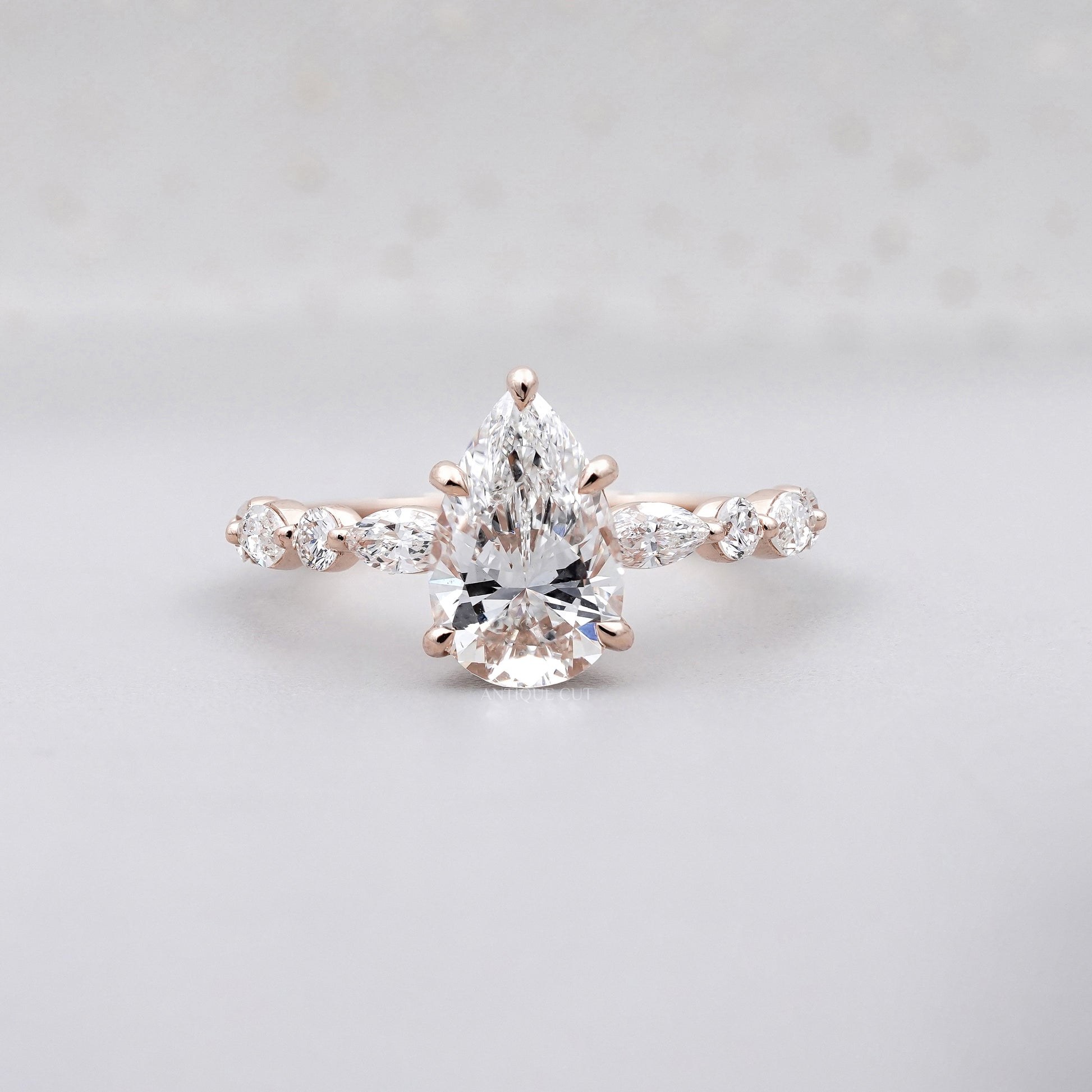 Pear 3.34tcw Lab Grown Diamond Vintage Engagement Ring | Marquise Side Stone Band | D–F Color | VVS–VS Clarity | IGI Certified