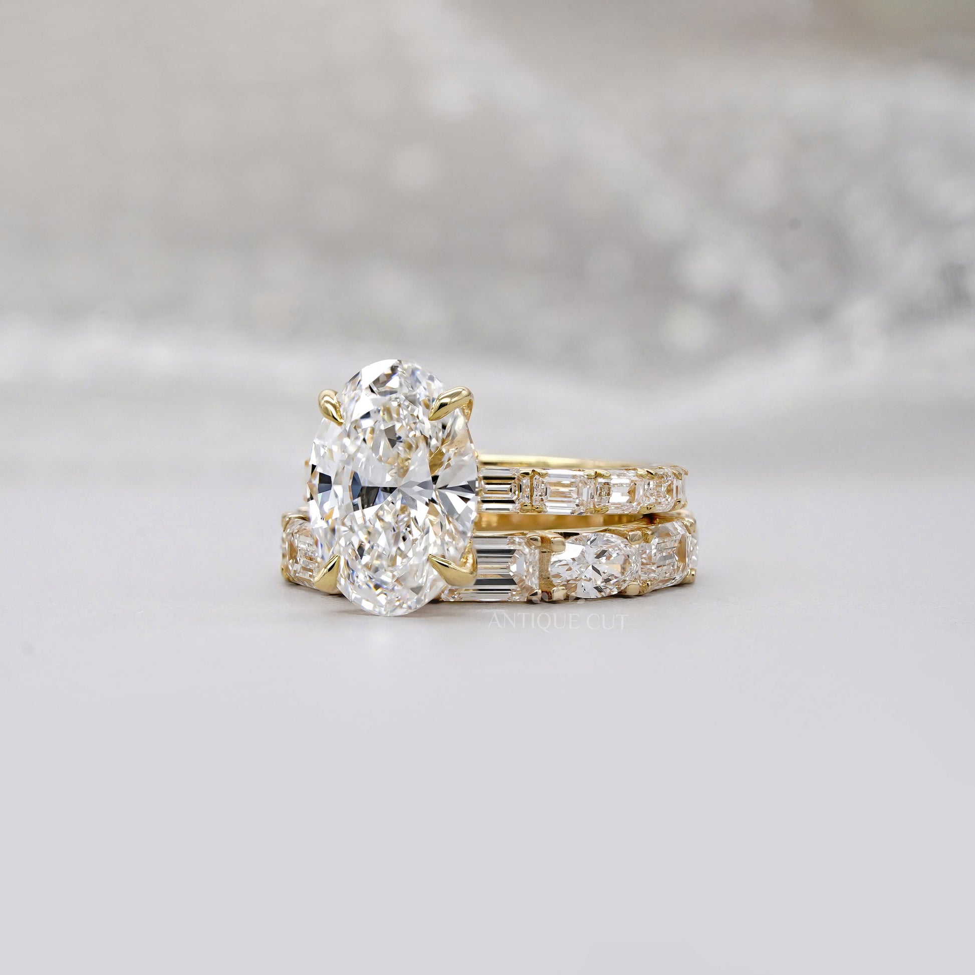 Oval 6.30tcw Lab Diamond Wedding Set | IGI Certified | Yellow Gold | Elegant 3-Stone + Matching Band
