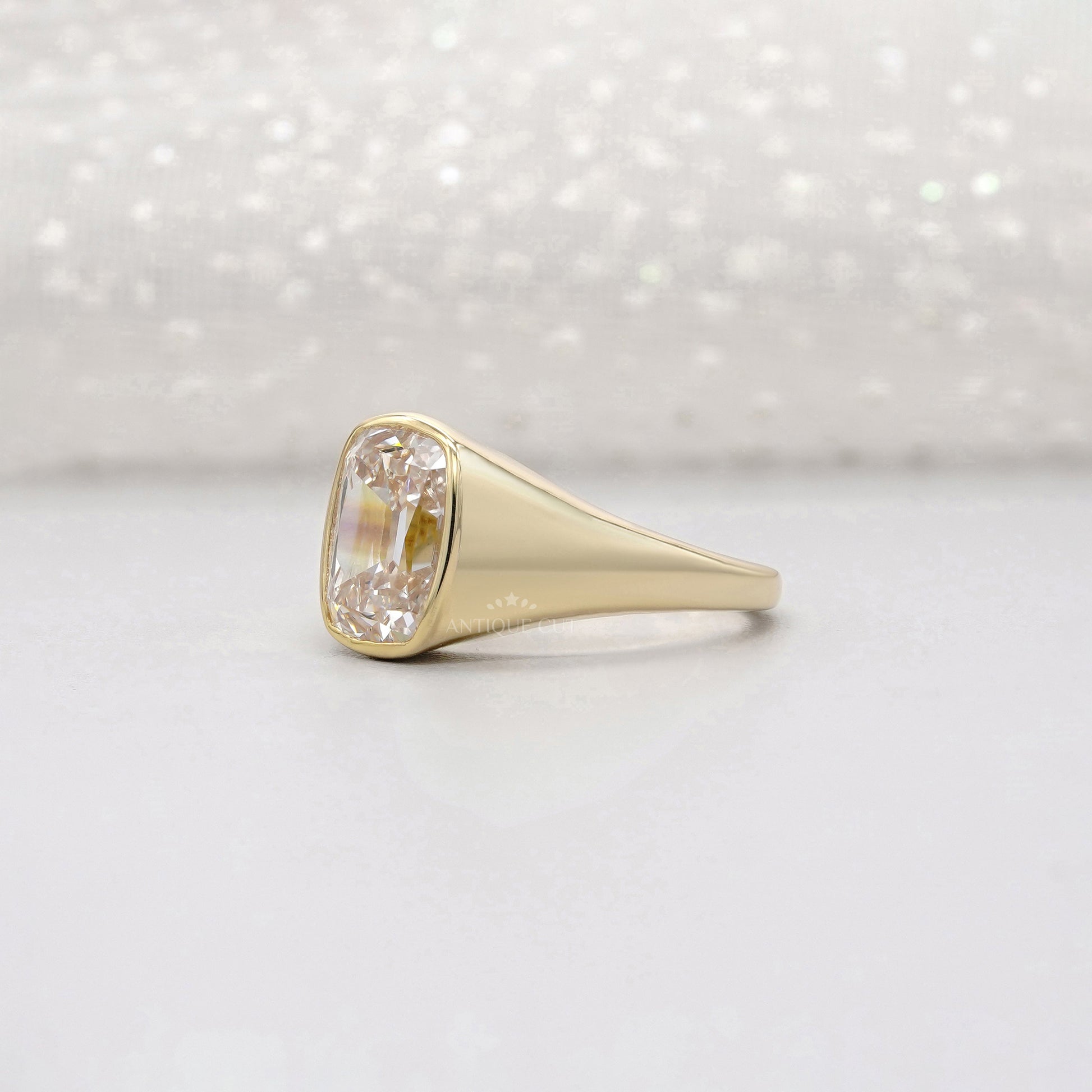 3ct Cushion Lab-Grown Diamond Bezel Ring | Solid Yellow Gold | IGI Certified D-E-F | VVS–VS