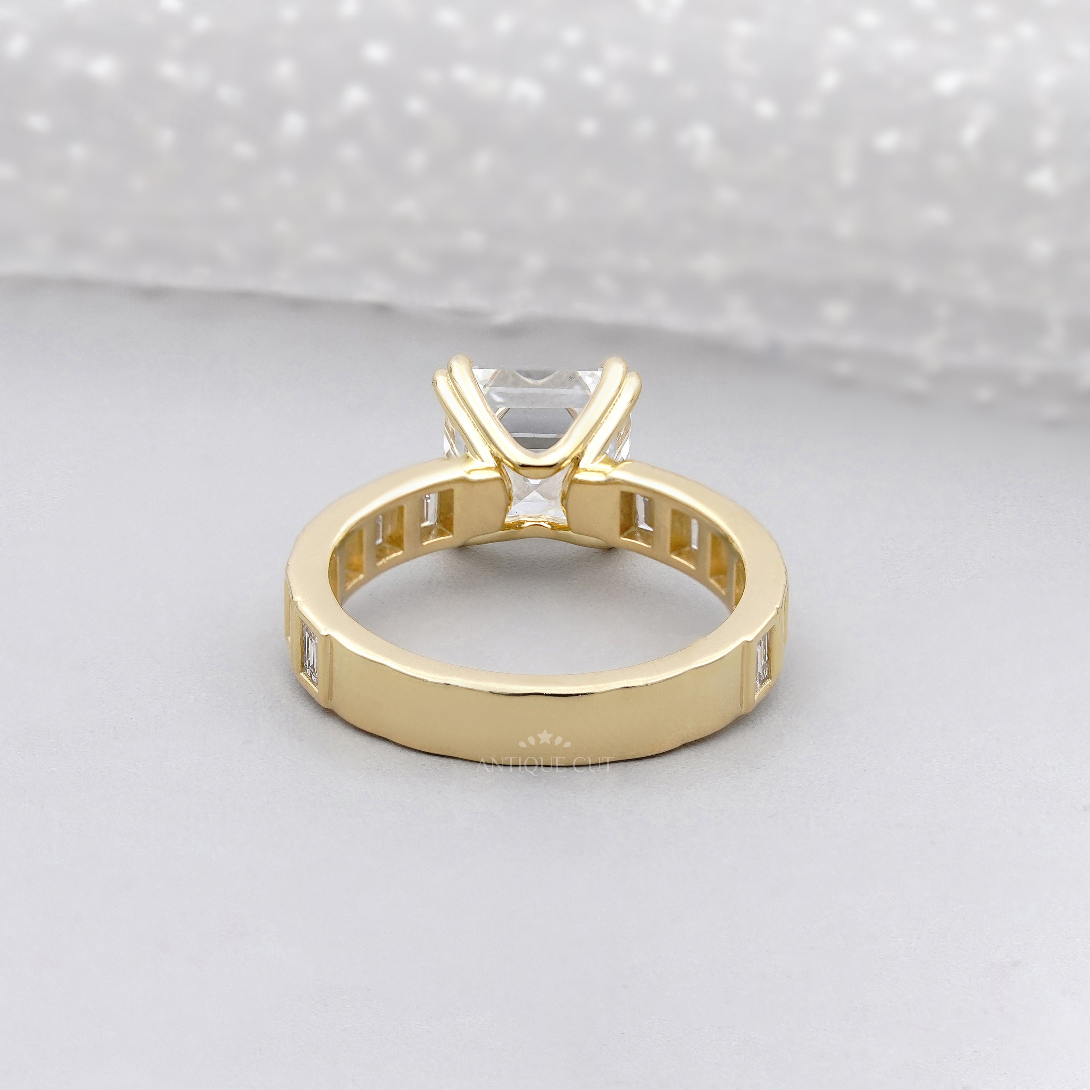 Asscher Cut 5.50tcw Lab Grown Diamond Engagement Ring | Yellow Gold Channel Set | IGI Certified