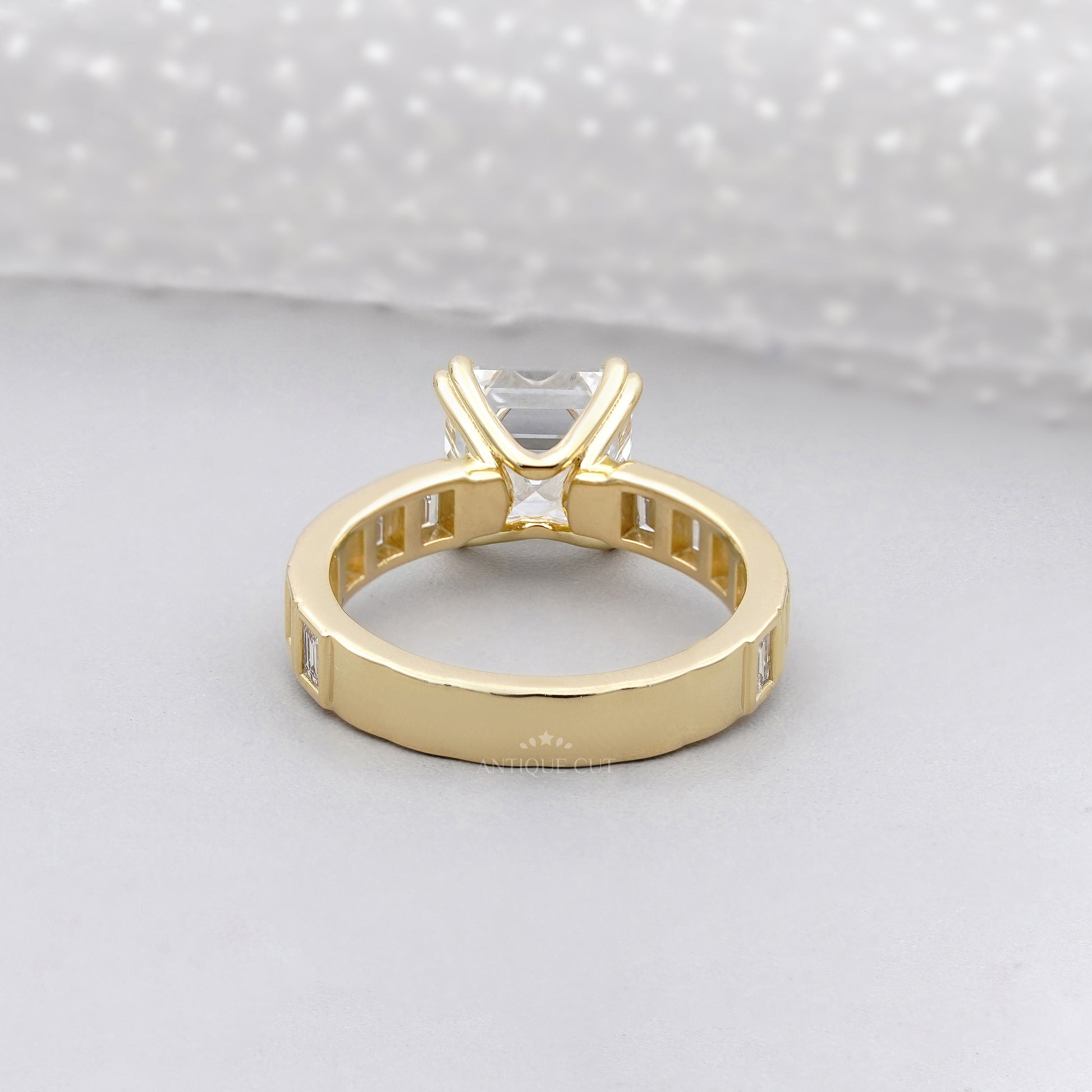 Asscher Cut 5.50tcw Lab Grown Diamond Engagement Ring | Yellow Gold Channel Set | IGI Certified