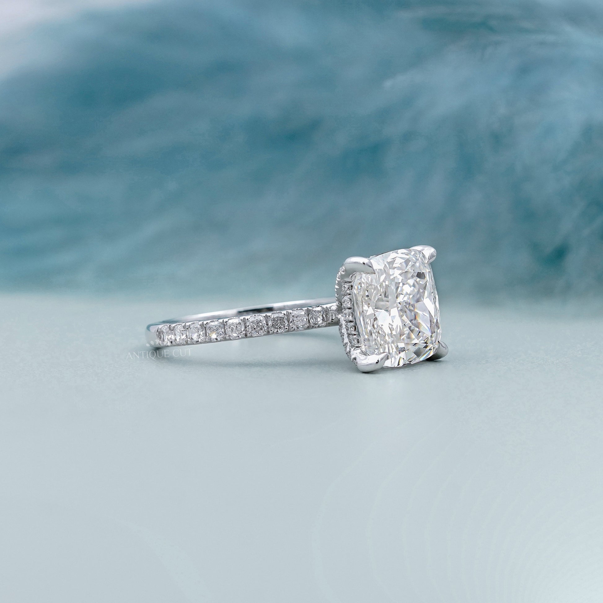 Cushion Cut 4.50tcw Lab Grown Diamond Engagement Ring | Hidden Halo Pavé Band | IGI Certified