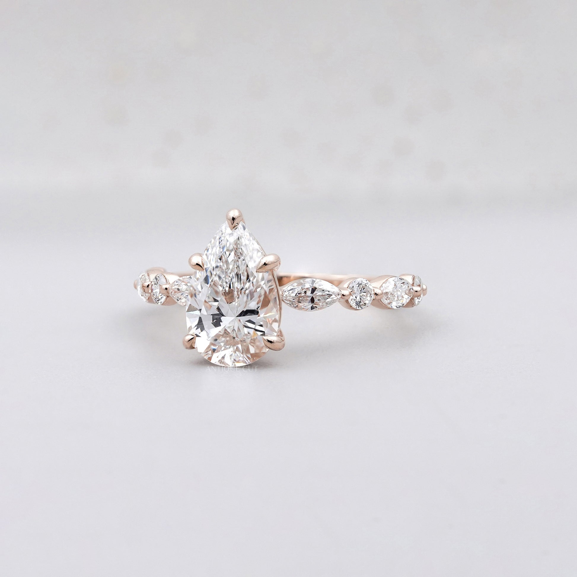 Pear 3.34tcw Lab Grown Diamond Vintage Engagement Ring | Marquise Side Stone Band | D–F Color | VVS–VS Clarity | IGI Certified