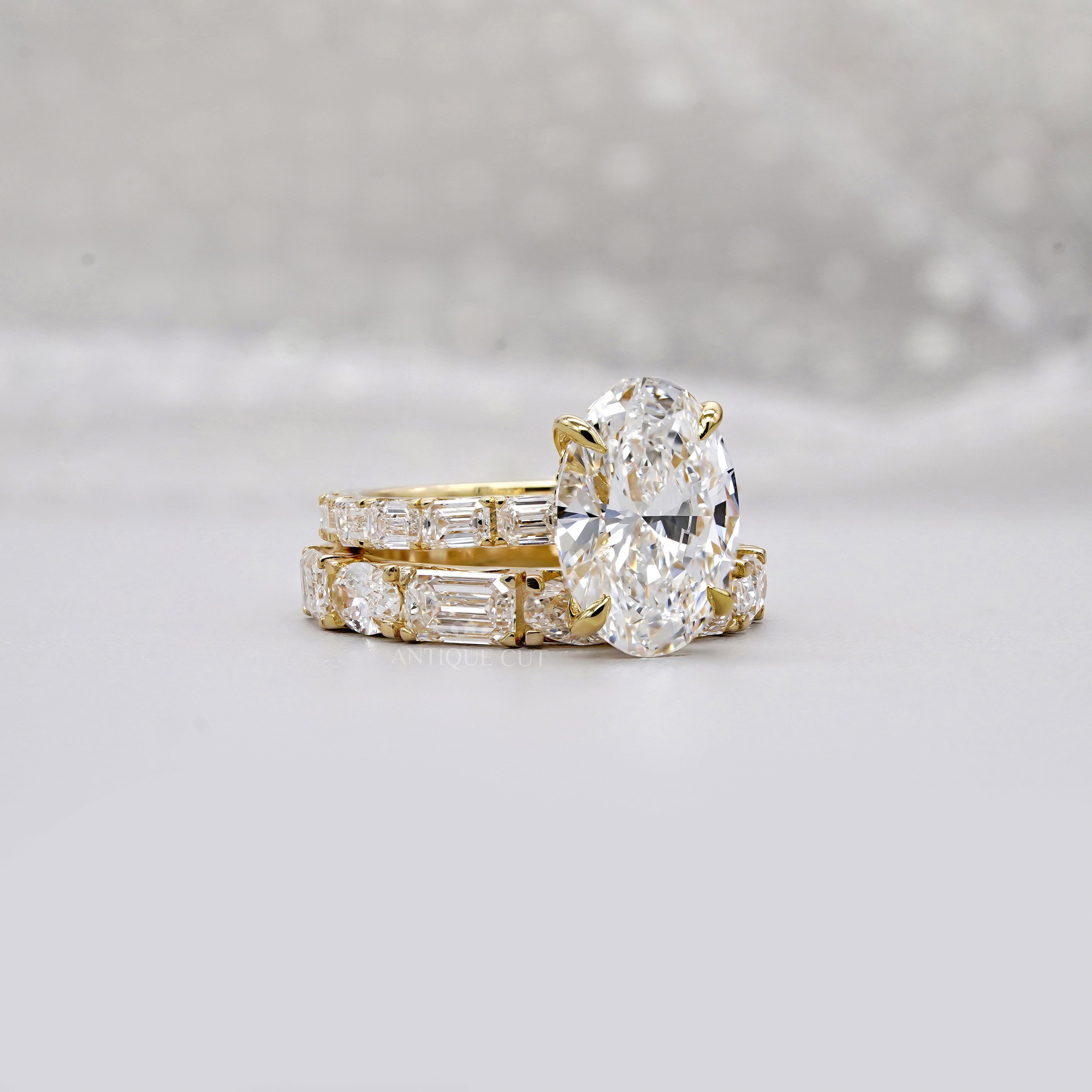 Oval 6.30tcw Lab Diamond Wedding Set | IGI Certified | Yellow Gold | Elegant 3-Stone + Matching Band