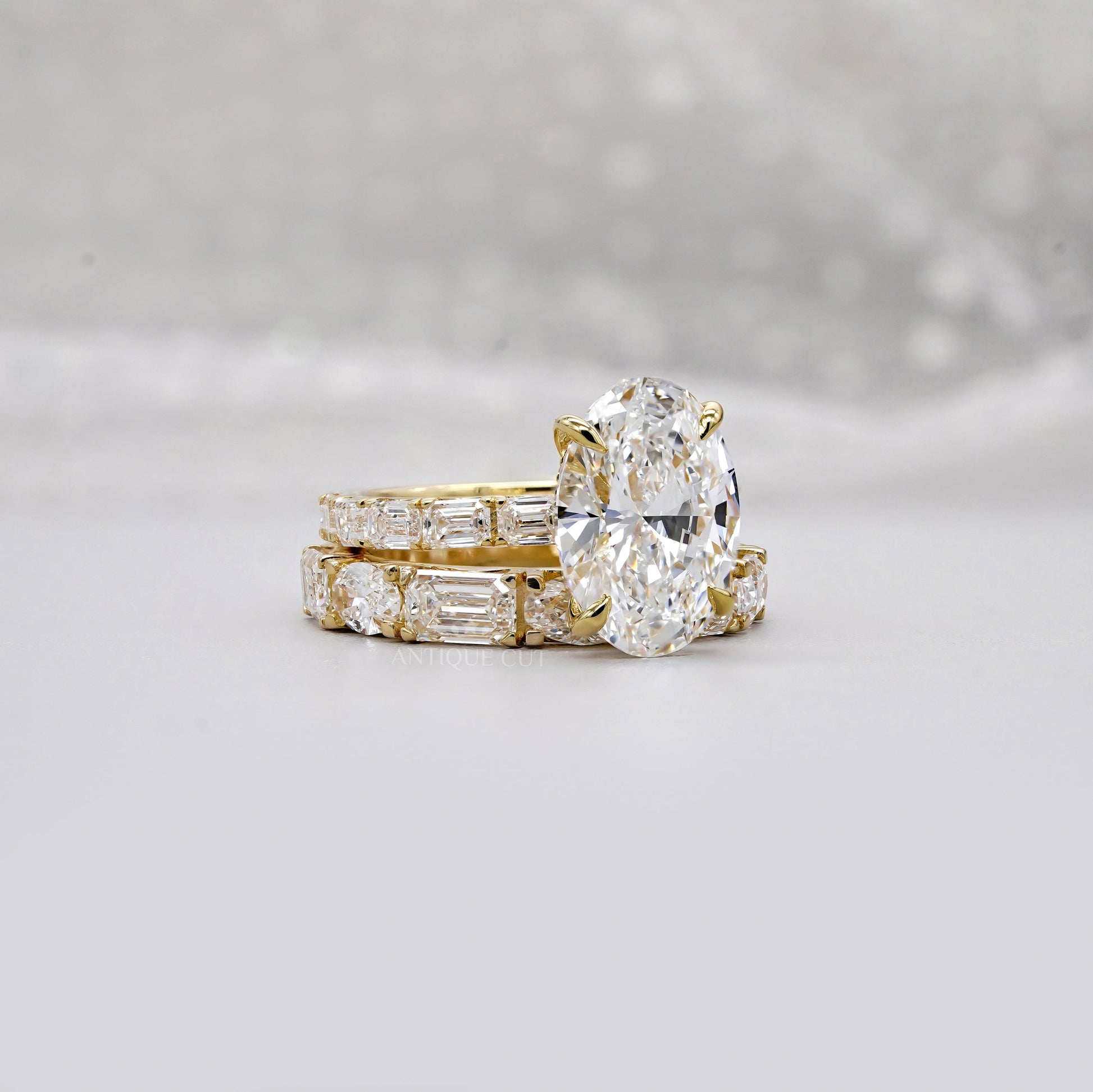 Oval 6.30tcw Lab Diamond Wedding Set | IGI Certified | Yellow Gold | Elegant 3-Stone + Matching Band
