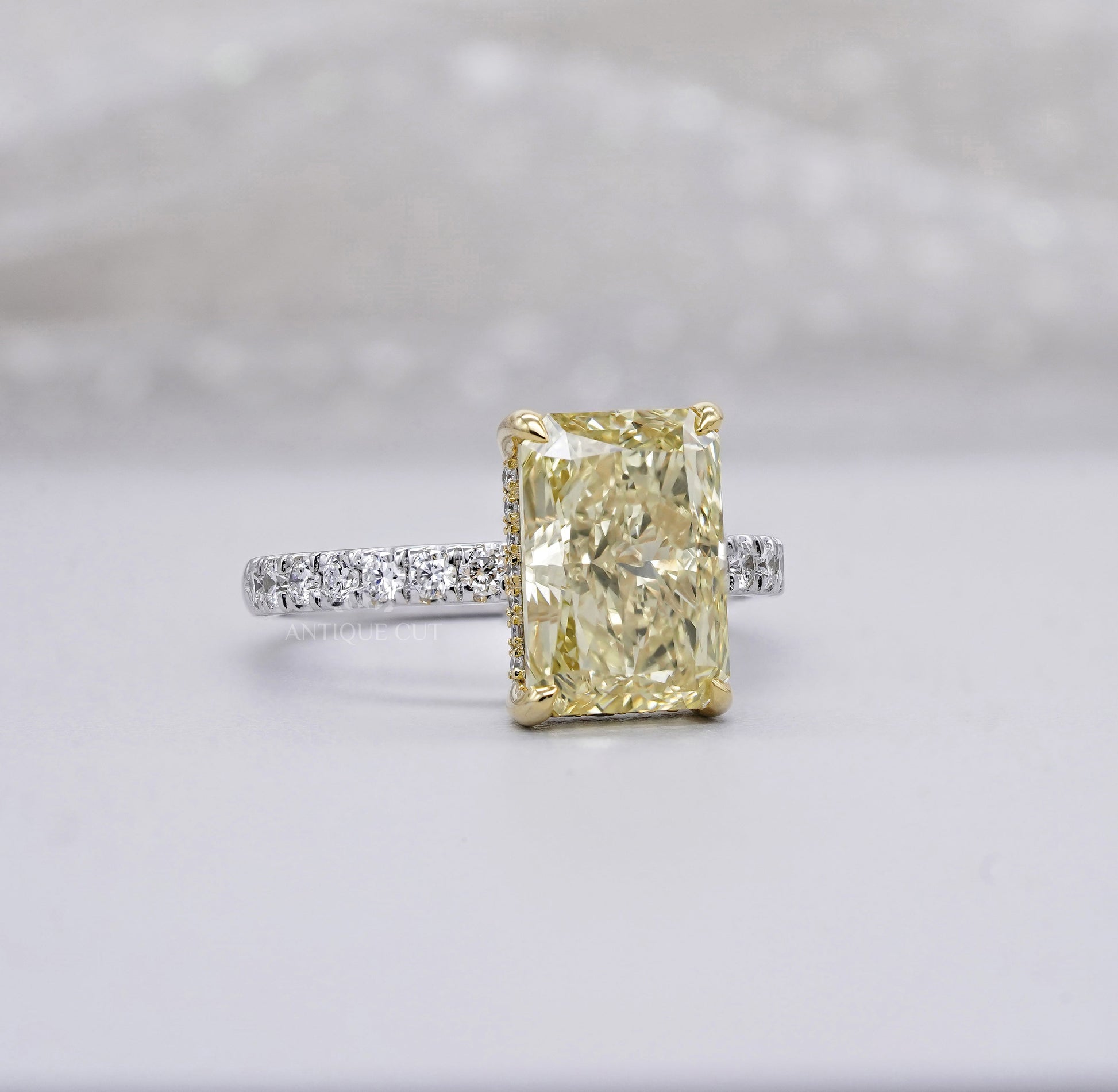 4.40ct Radiant Fancy Yellow Lab Diamond Ring with Hidden Halo & Two Tone Pavé Band
