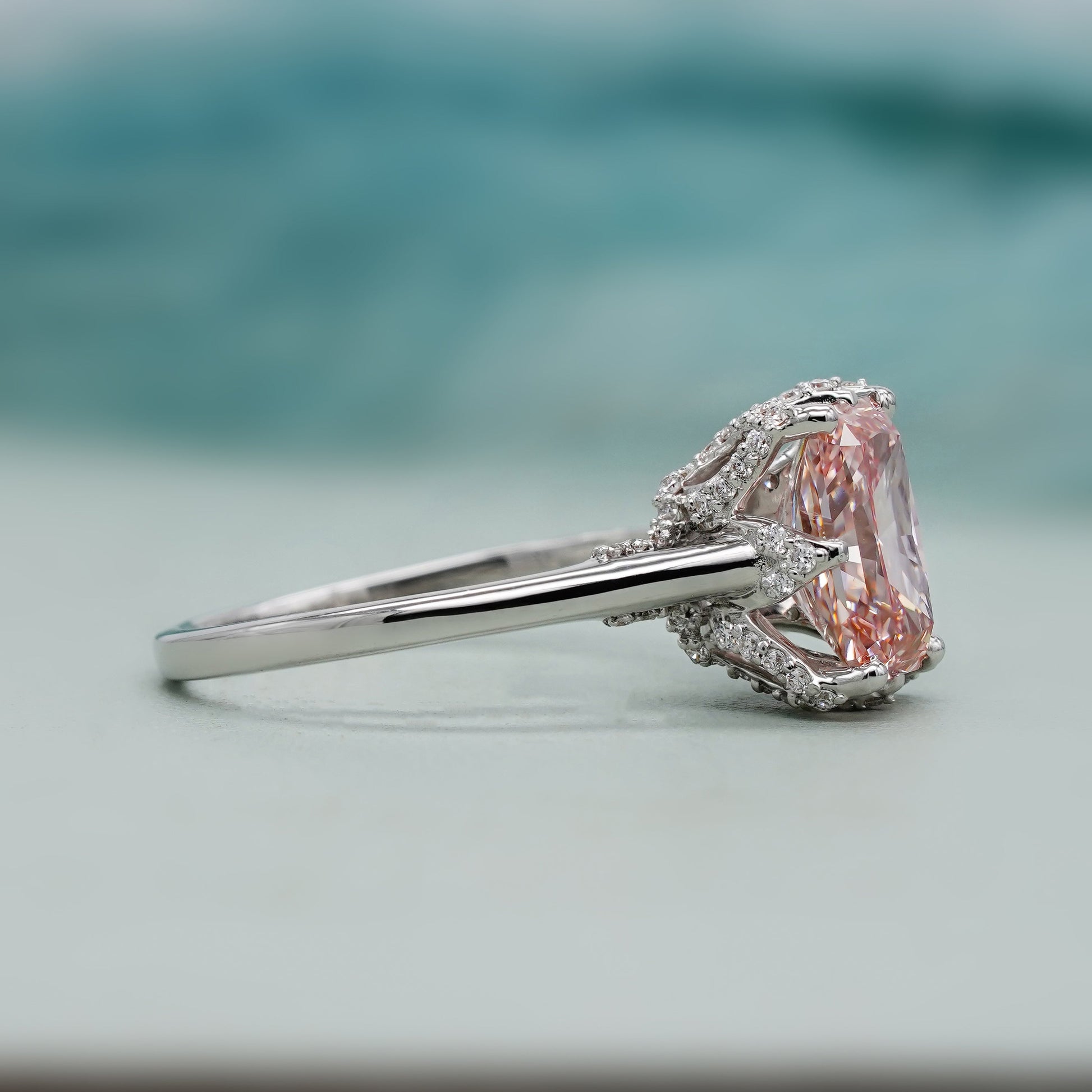 Fancy Pink 3.40ct Radiant Lab Diamond Ring | Cathedral Solitaire Setting | IGI Certified | VVS-VS Clarity | Engagement Jewelry