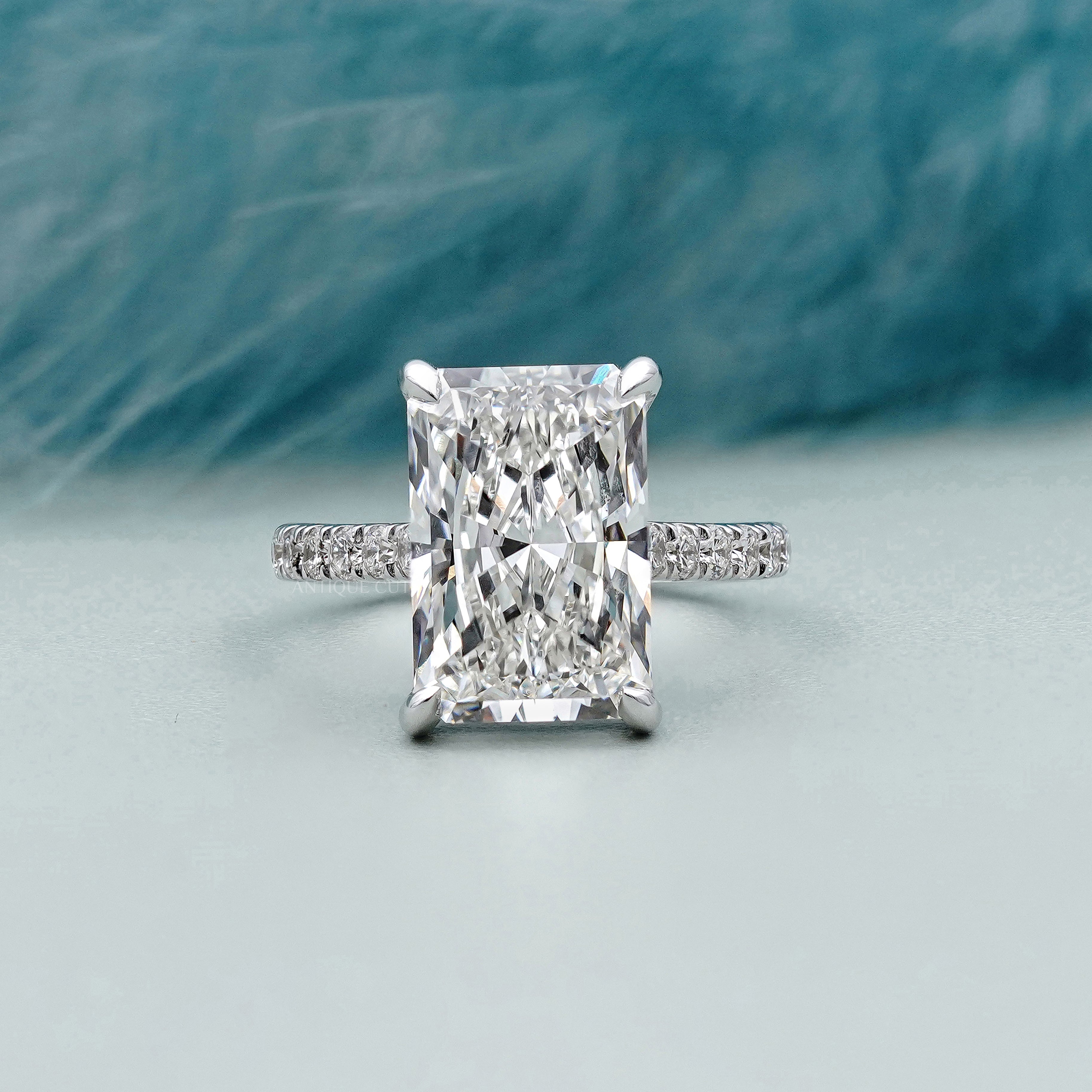 Radiant Cut 5.70tcw Lab Grown Diamond Engagement Ring | Hidden Halo & Pave | IGI Certified