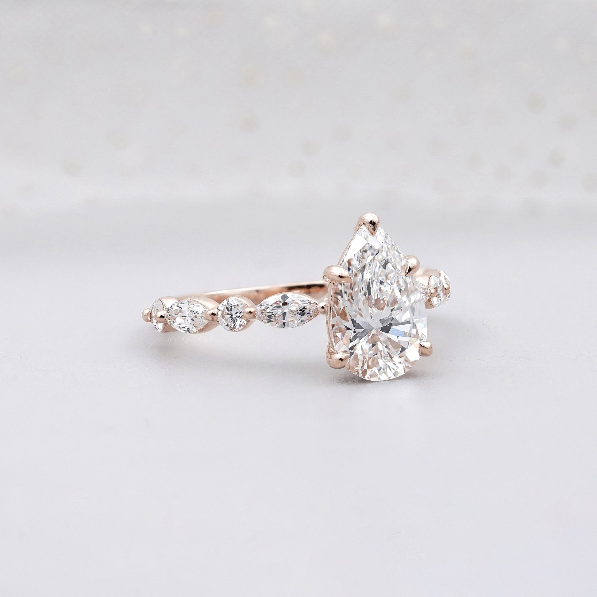 Pear 3.34tcw Lab Grown Diamond Vintage Engagement Ring | Marquise Side Stone Band | D–F Color | VVS–VS Clarity | IGI Certified