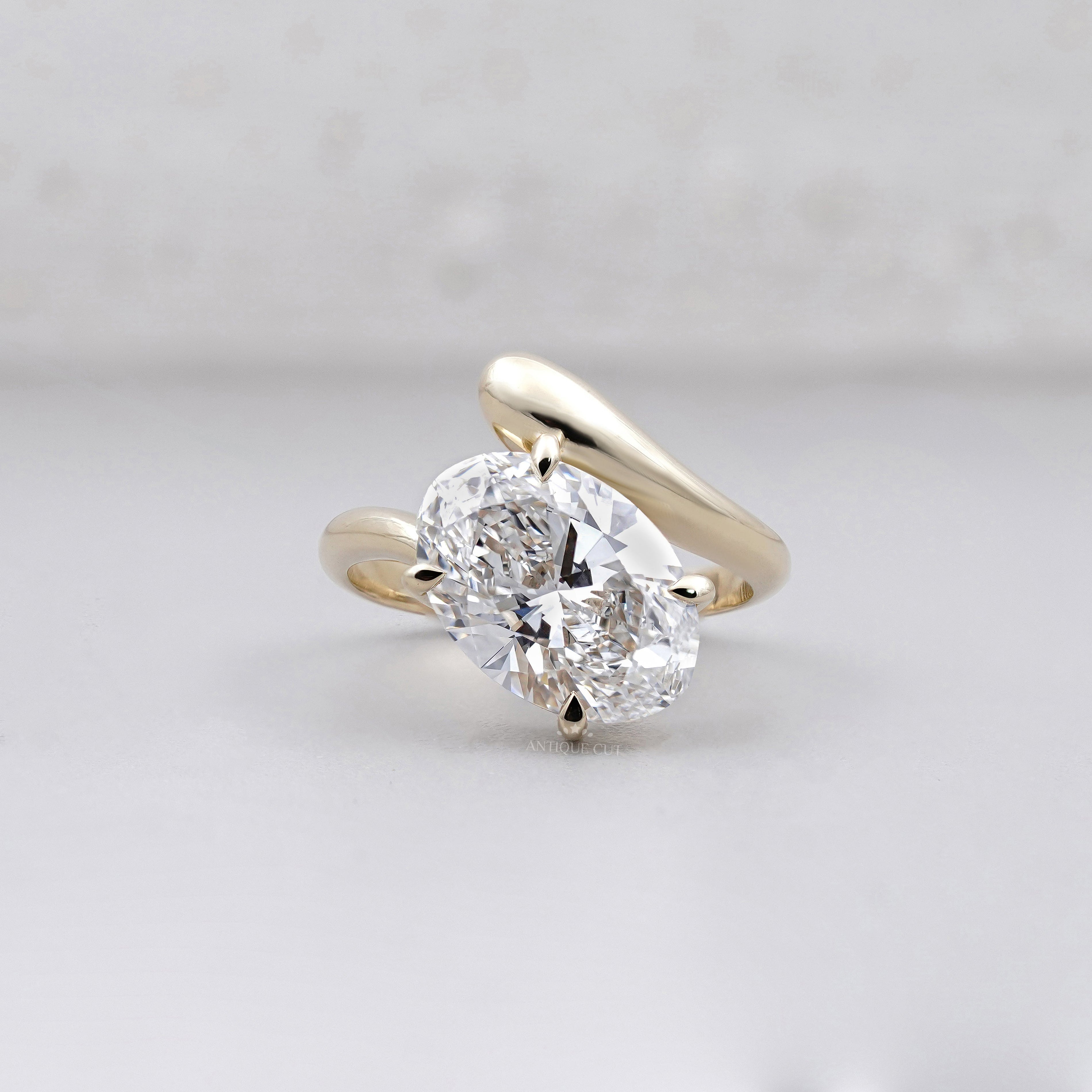 3.50ct Oval Cut Diamond Engagement Ring | Modern Bypass Setting in 14K Yellow Gold | Unique Solitaire Ring | Antique Cut Fine Jewelry