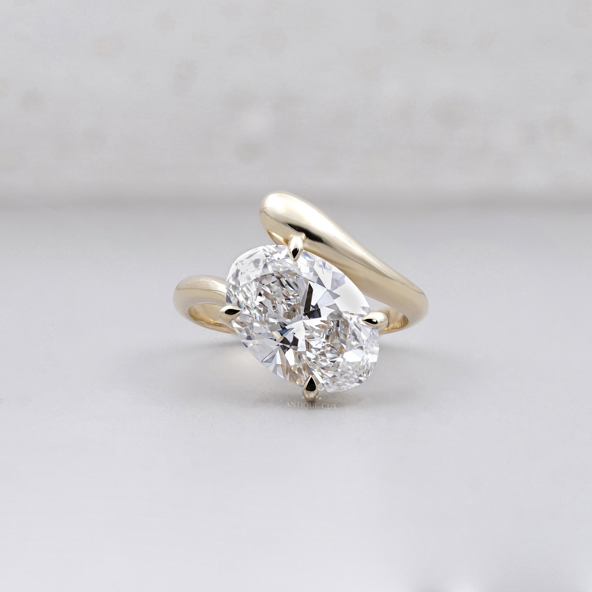 3.50ct Oval Cut Diamond Engagement Ring | Modern Bypass Setting in 14K Yellow Gold | Unique Solitaire Ring | Antique Cut Fine Jewelry