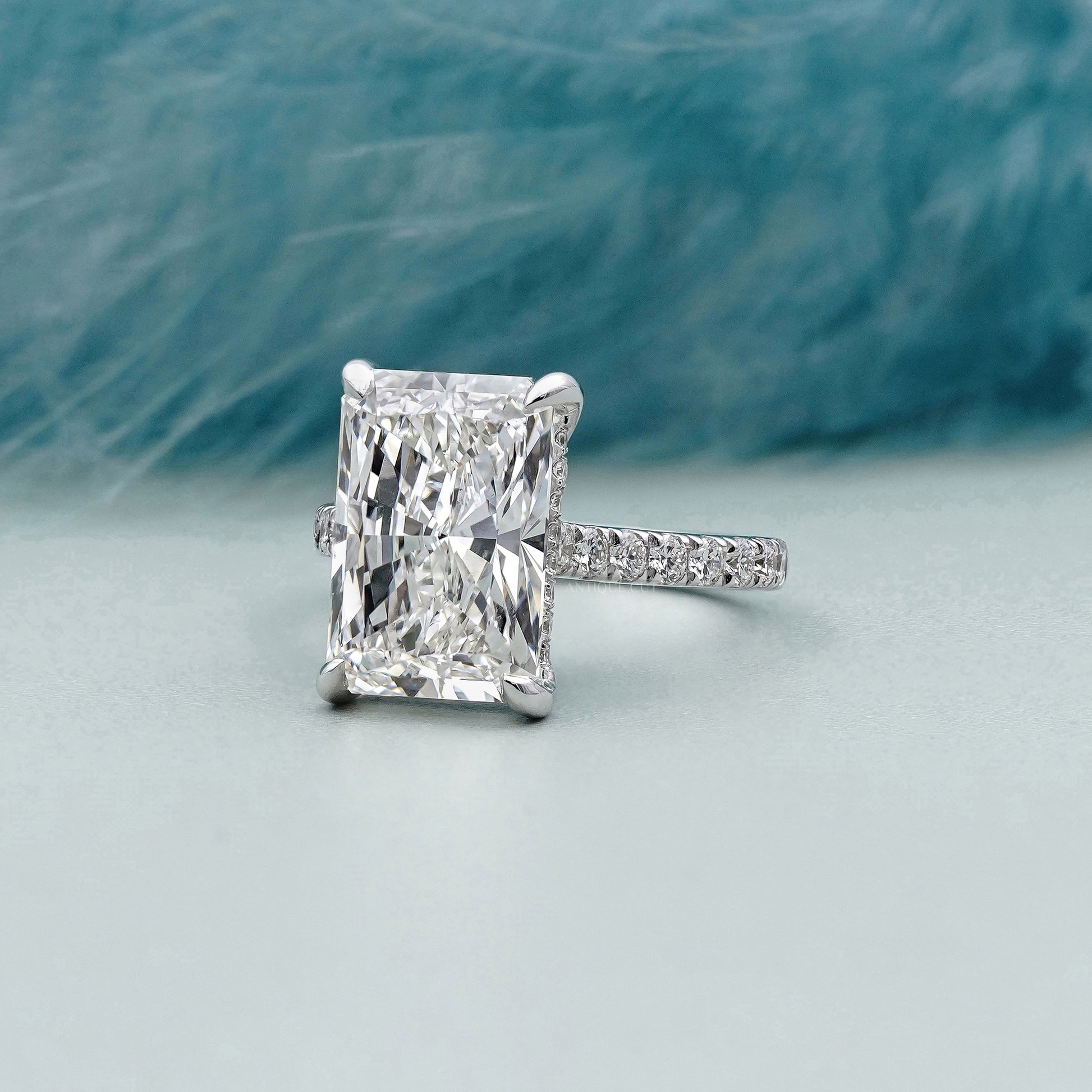 Radiant Cut 5.70tcw Lab Grown Diamond Engagement Ring | Hidden Halo & Pave | IGI Certified