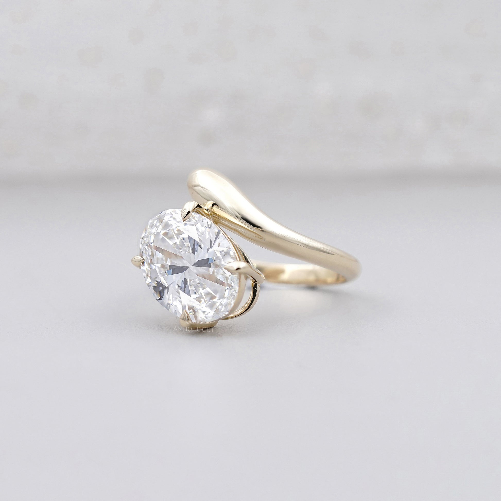 3.50ct Oval Cut Diamond Engagement Ring | Modern Bypass Setting in 14K Yellow Gold | Unique Solitaire Ring | Antique Cut Fine Jewelry