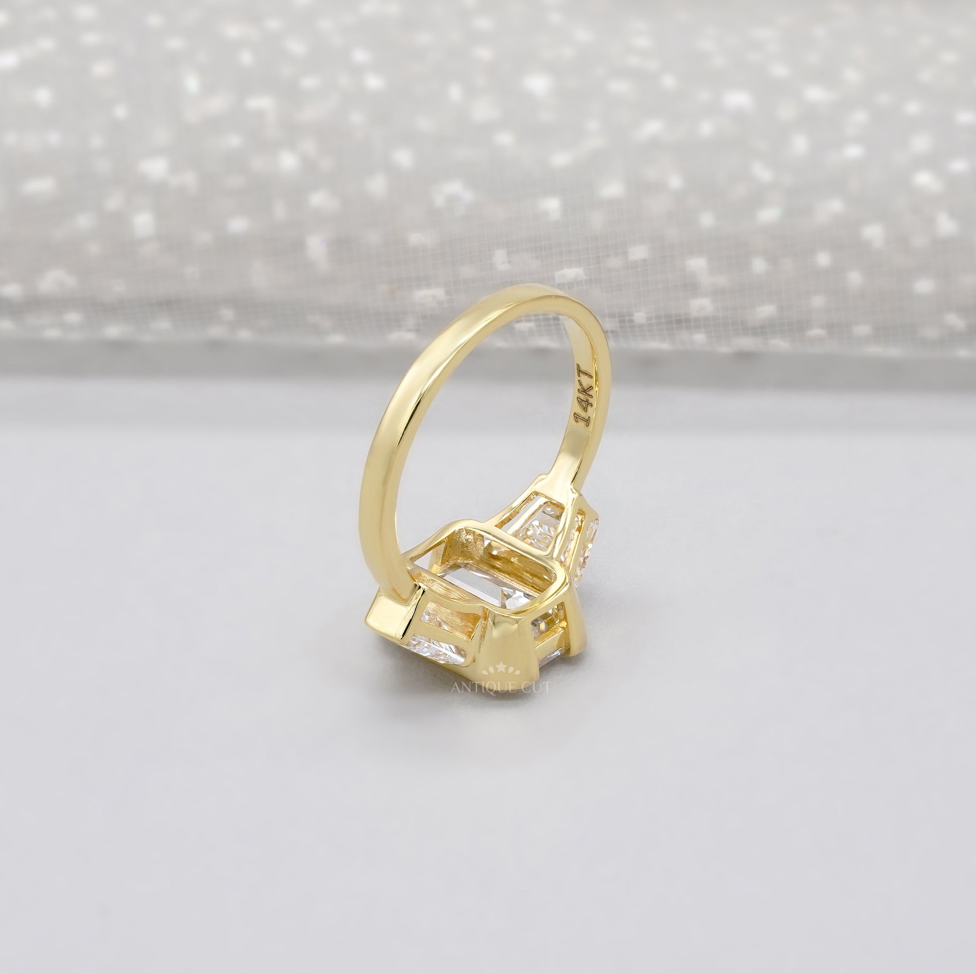 3.70tcw Emerald Lab-Grown Diamond Engagement Ring | 3.00ct Emerald + 0.70ct Trapezoid Side Stones | 14k Gold IGI Certified