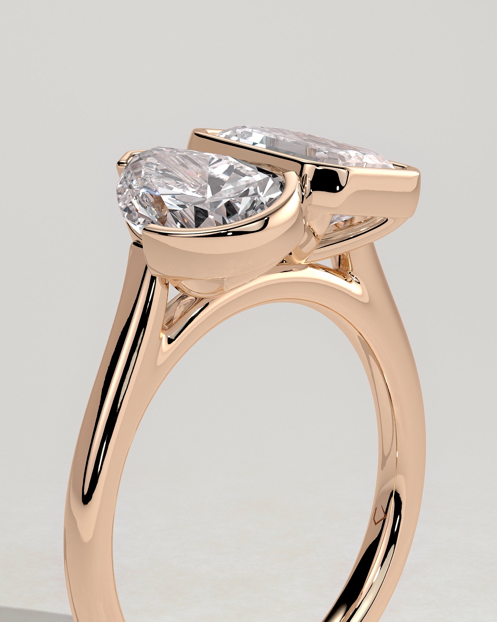 Rose :: premium 3.3ct pear 3.3ct emerald lab diamond toi et moi ring rose gold designer band