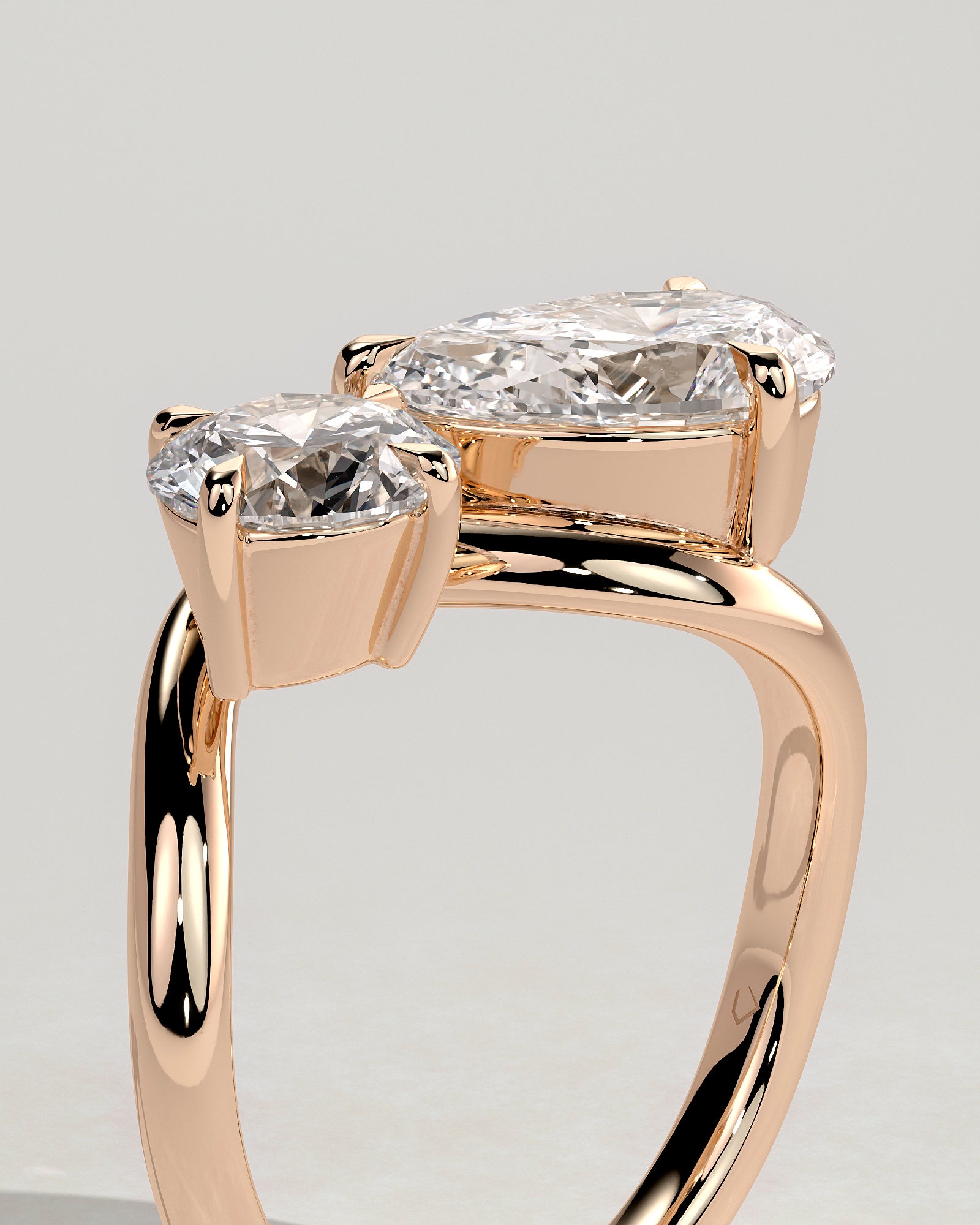 Rose :: close sparkle round and pear lab diamond toi et moi ring rose gold warm tone