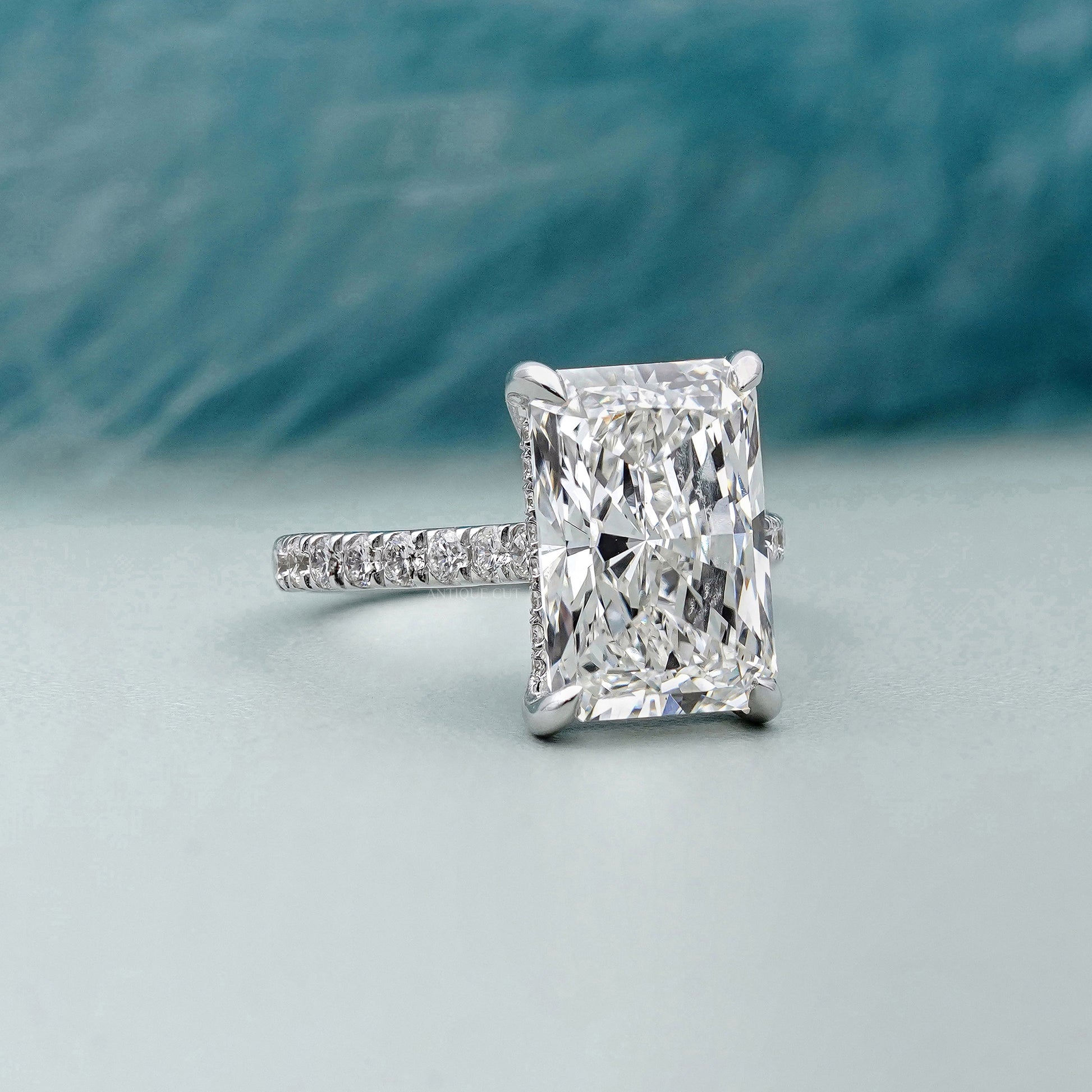 Radiant Cut 5.70tcw Lab Grown Diamond Engagement Ring | Hidden Halo & Pave | IGI Certified
