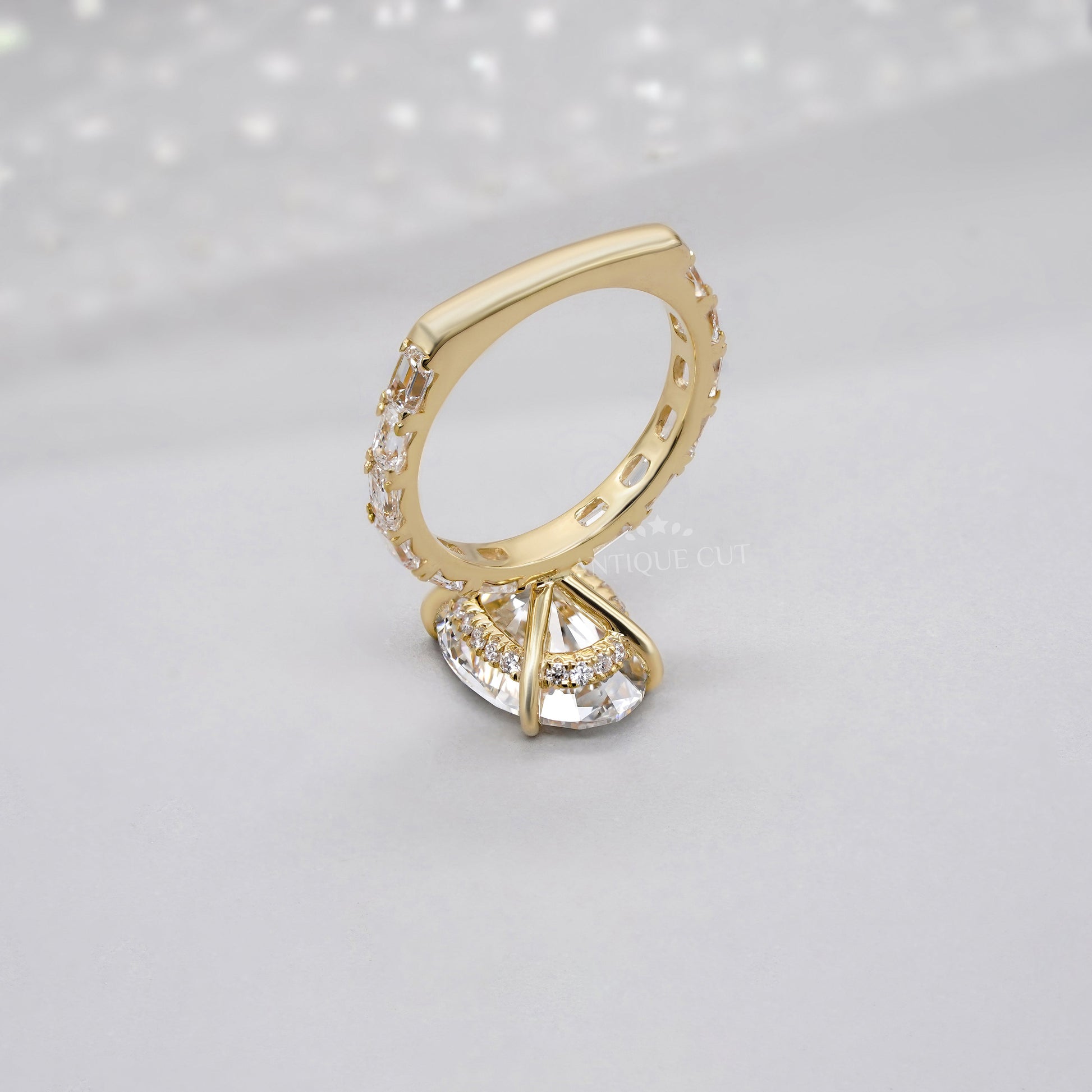 Oval 4.30tcw Lab Diamond Ring | Emerald & Round Side Stones | Yellow Gold | IGI Certified