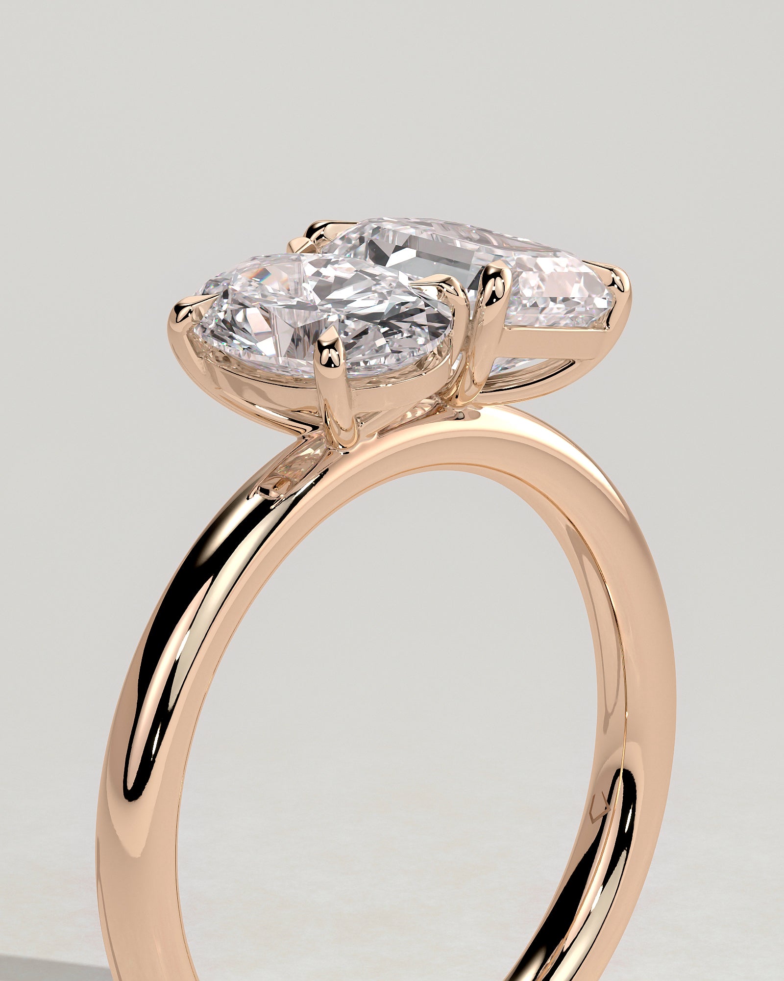 Rose :: modern oval and emerald lab grown diamond toi et moi ring rose gold unique design