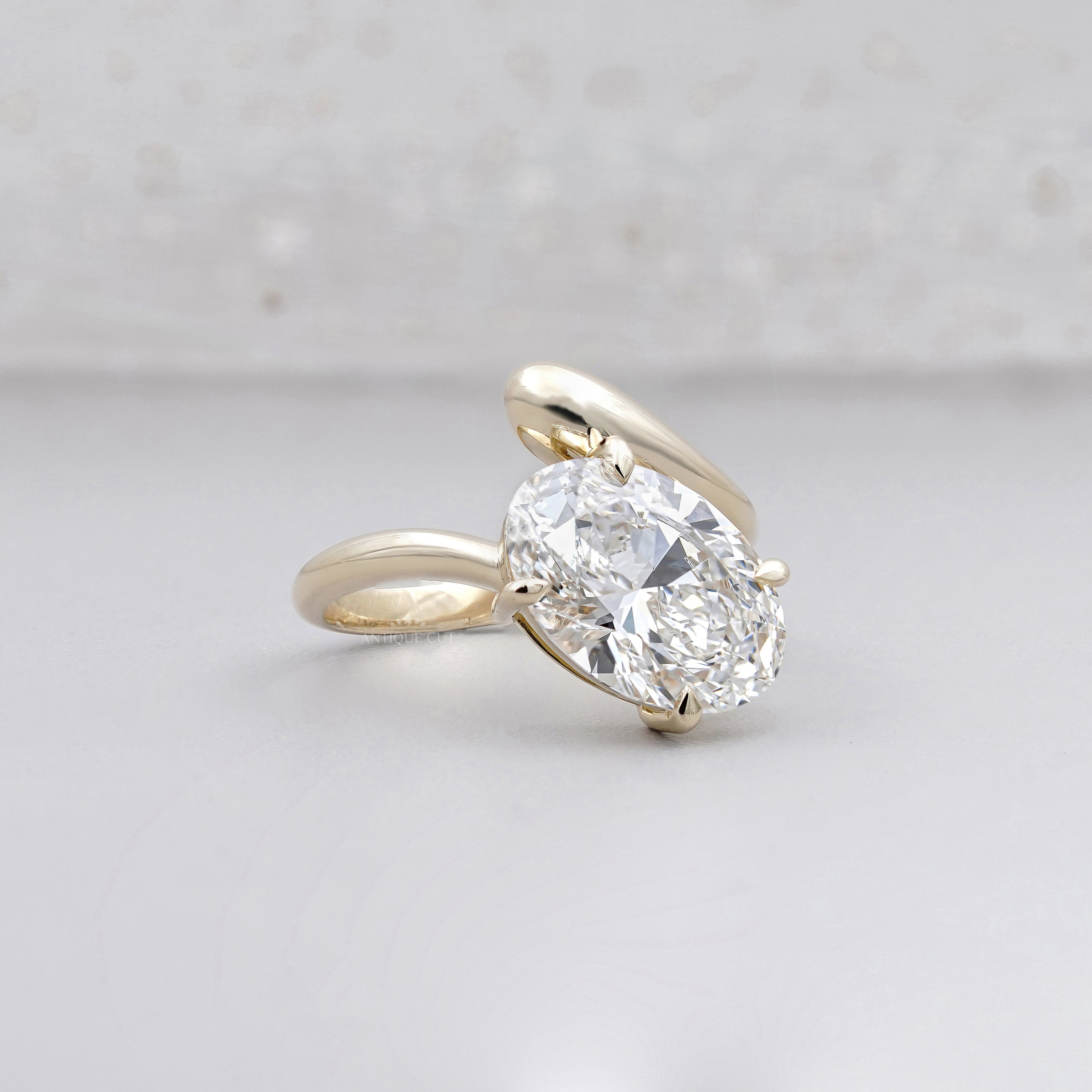 3.50ct Oval Cut Diamond Engagement Ring | Modern Bypass Setting in 14K Yellow Gold | Unique Solitaire Ring | Antique Cut Fine Jewelry