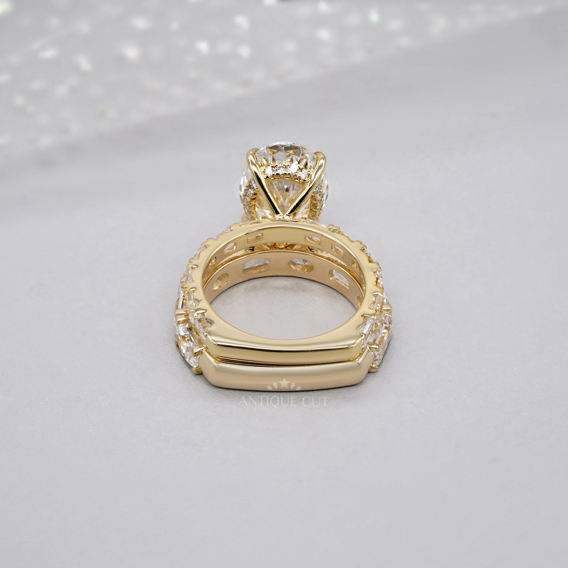 Oval 6.30tcw Lab Diamond Wedding Set | IGI Certified | Yellow Gold | Elegant 3-Stone + Matching Band