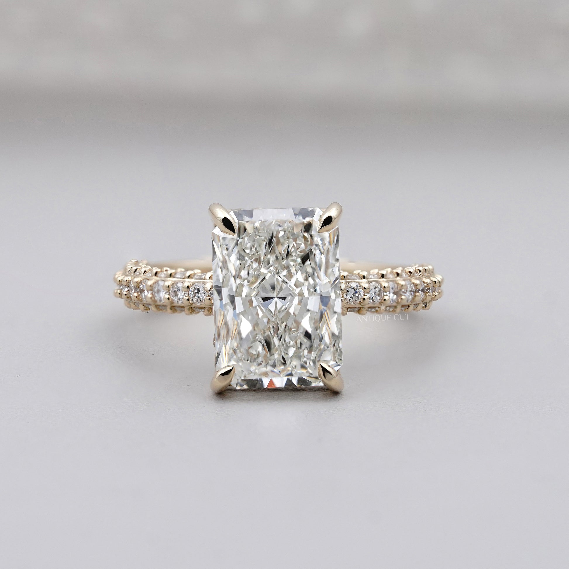 3.43tcw Emerald Lab-Grown Diamond Engagement Ring | Hidden Halo | Pave Band | Ethical Gold Ring