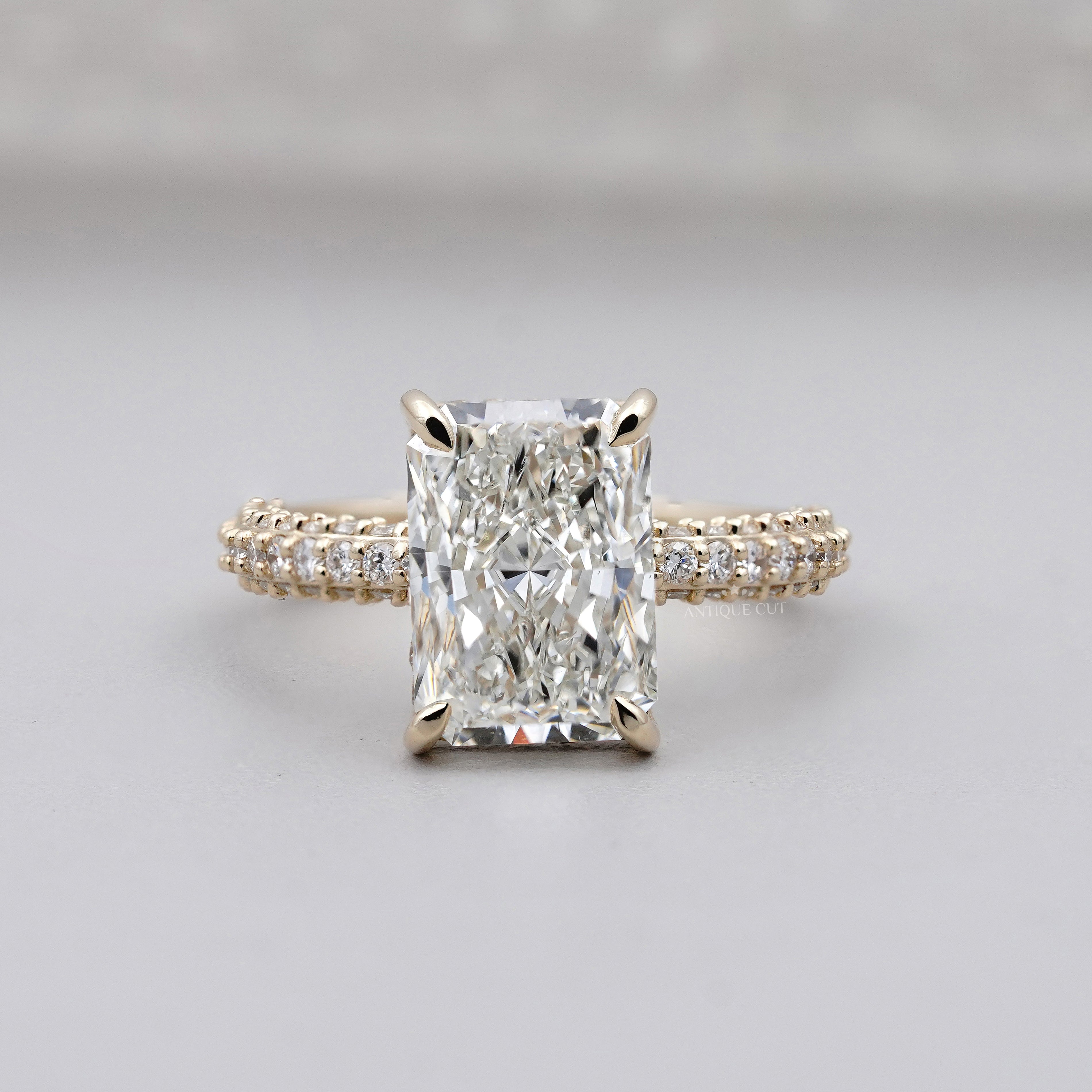 3.43tcw Emerald Lab-Grown Diamond Engagement Ring | Hidden Halo | Pave Band | Ethical Gold Ring