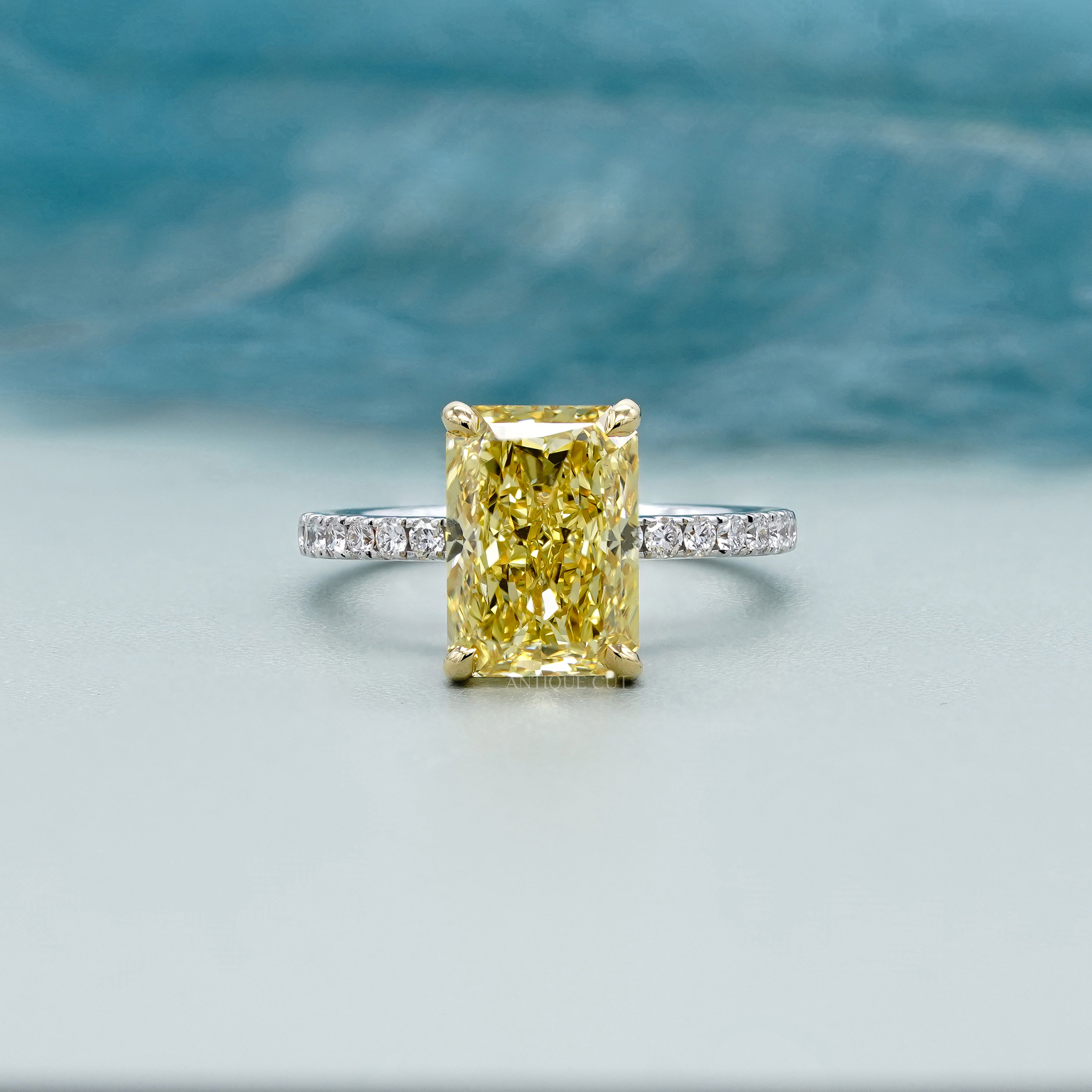 Fancy Yellow 4.40tcw Radiant Lab Diamond Engagement Ring | IGI Certified | White Gold Pave Band