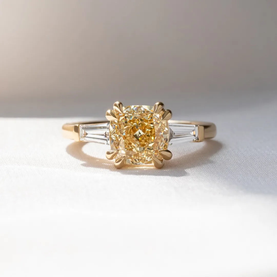 Common :: Lunarae 2.70 carat modified cushion yellow three stone lab grown diamond engagement ring IGI certified