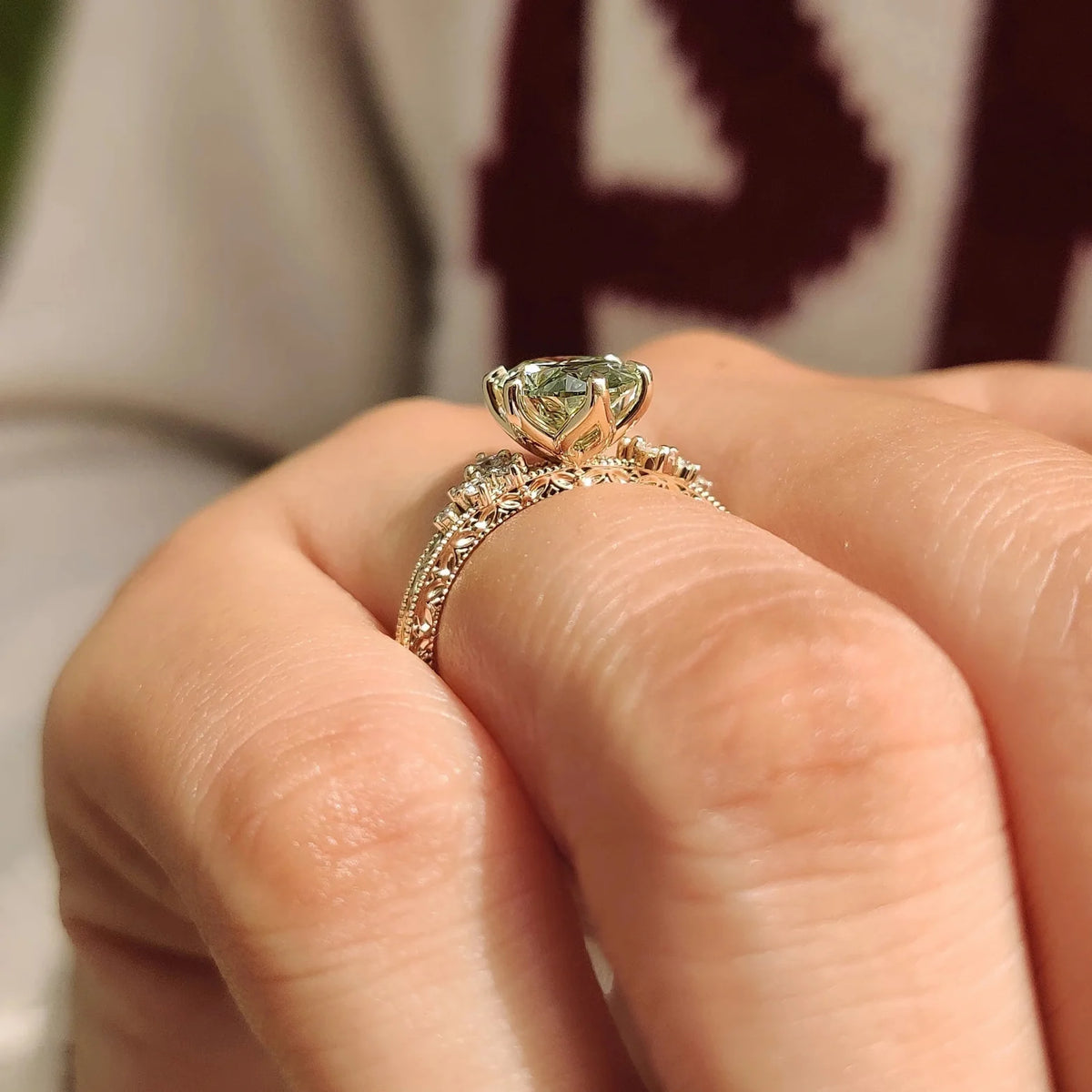 Common :: 1.10TCW Green Oval and Round lab diamond engagement ring