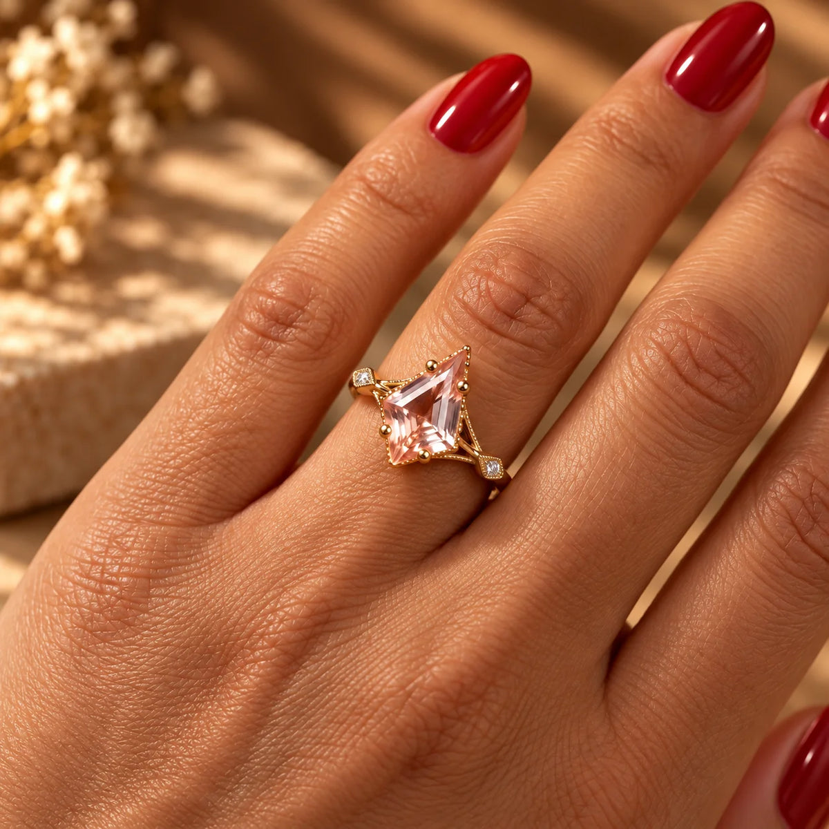 Common :: 1.20TCW Three Stone Ring with Pink Kite Cut center diamond
