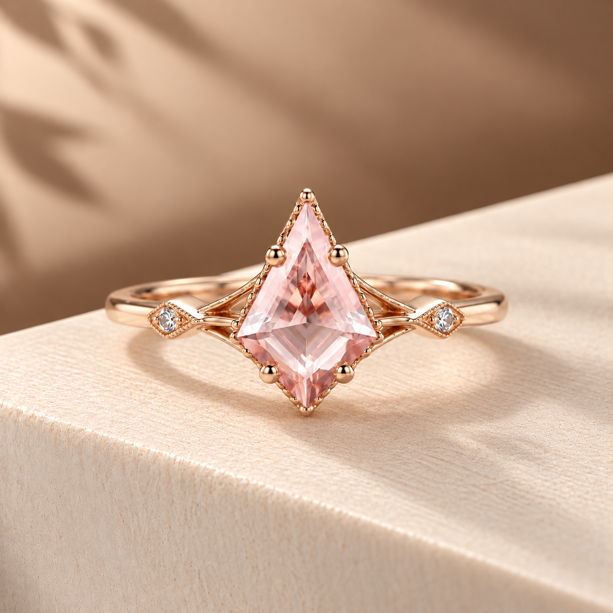 Common :: 1.20TCW Pink Kite Cut Lab Grown Diamond Three Stone Engagement Ring