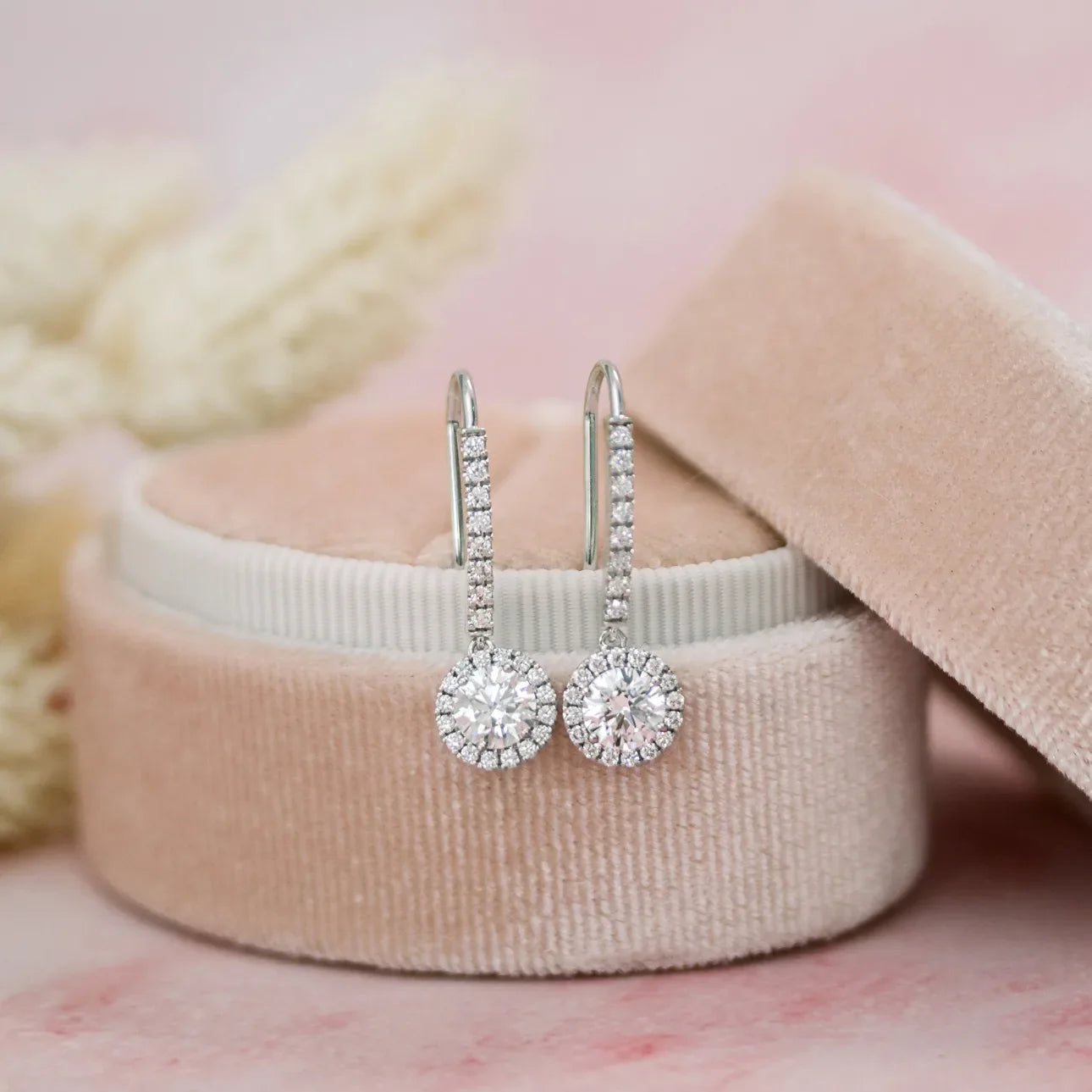 Round Lab Grown Diamond Heavenly Single Halo Drop Earrings, EF Color, VS Clarity, IGI Certified