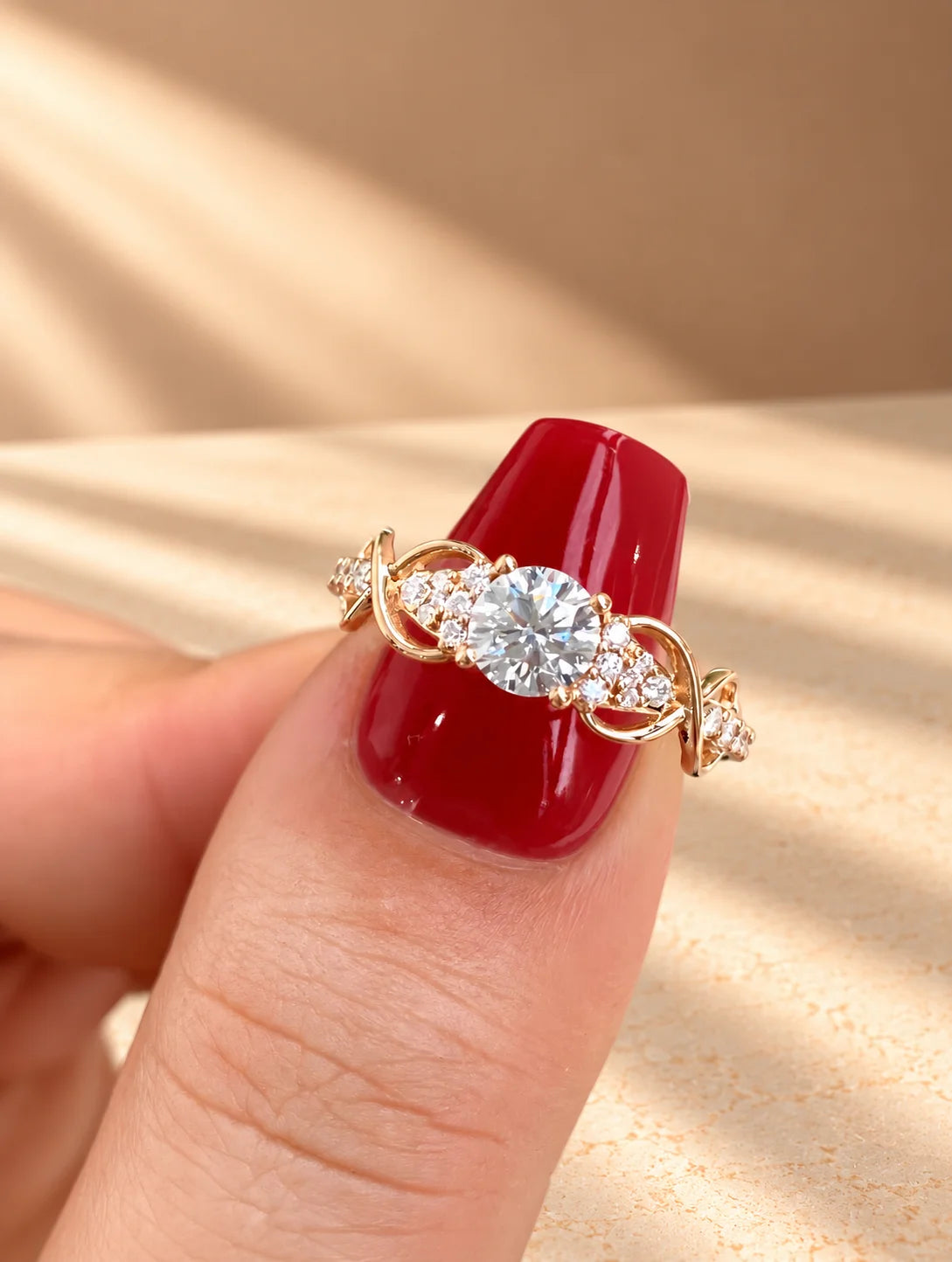 Common :: 1.40TCW round lab grown diamond nature-inspired engagement ring with round accent diamonds.